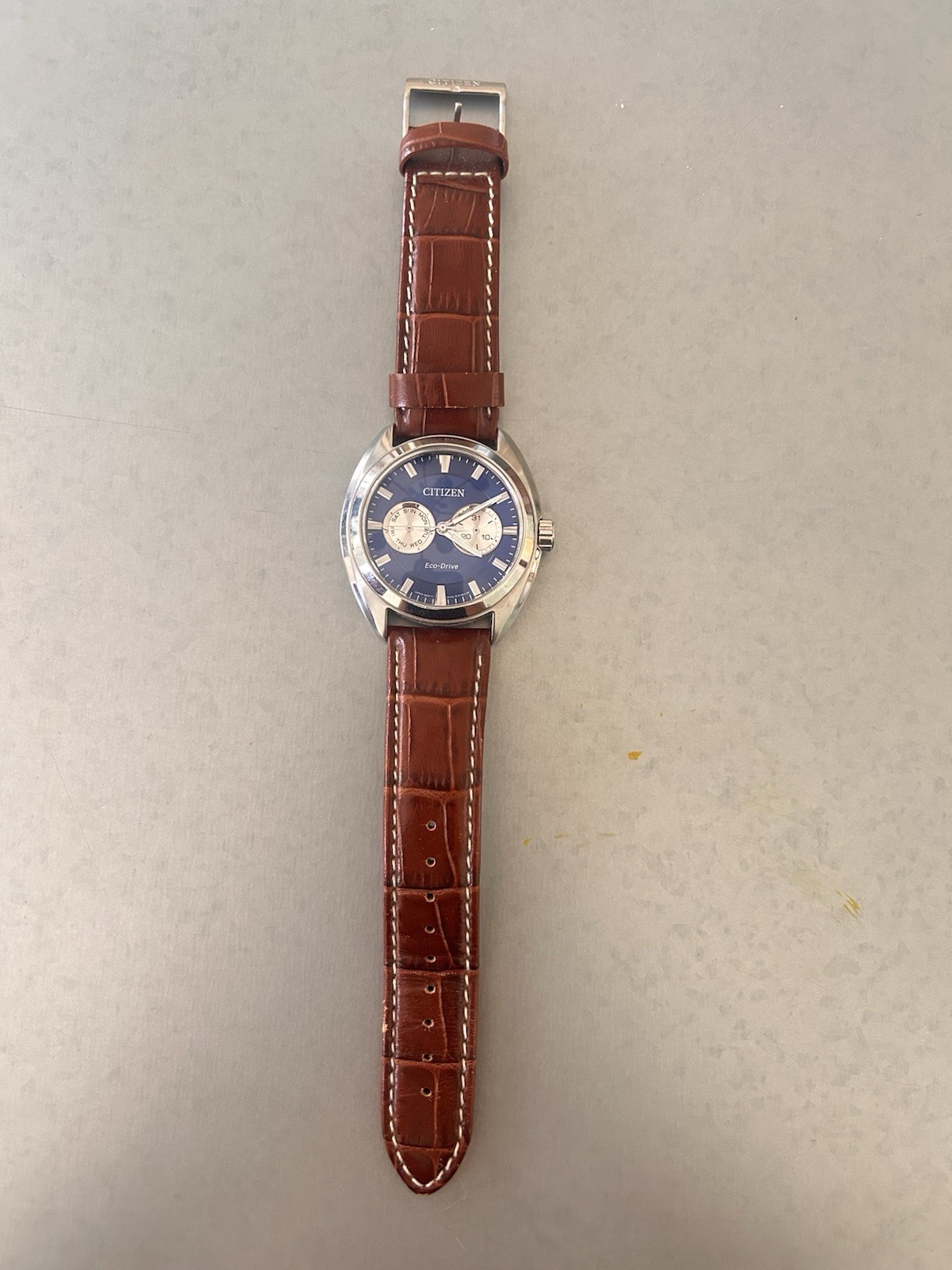 Citizen Eco-Drive 40mm WR50 Blue Dial Day/Date Brown Leather Strap Watch