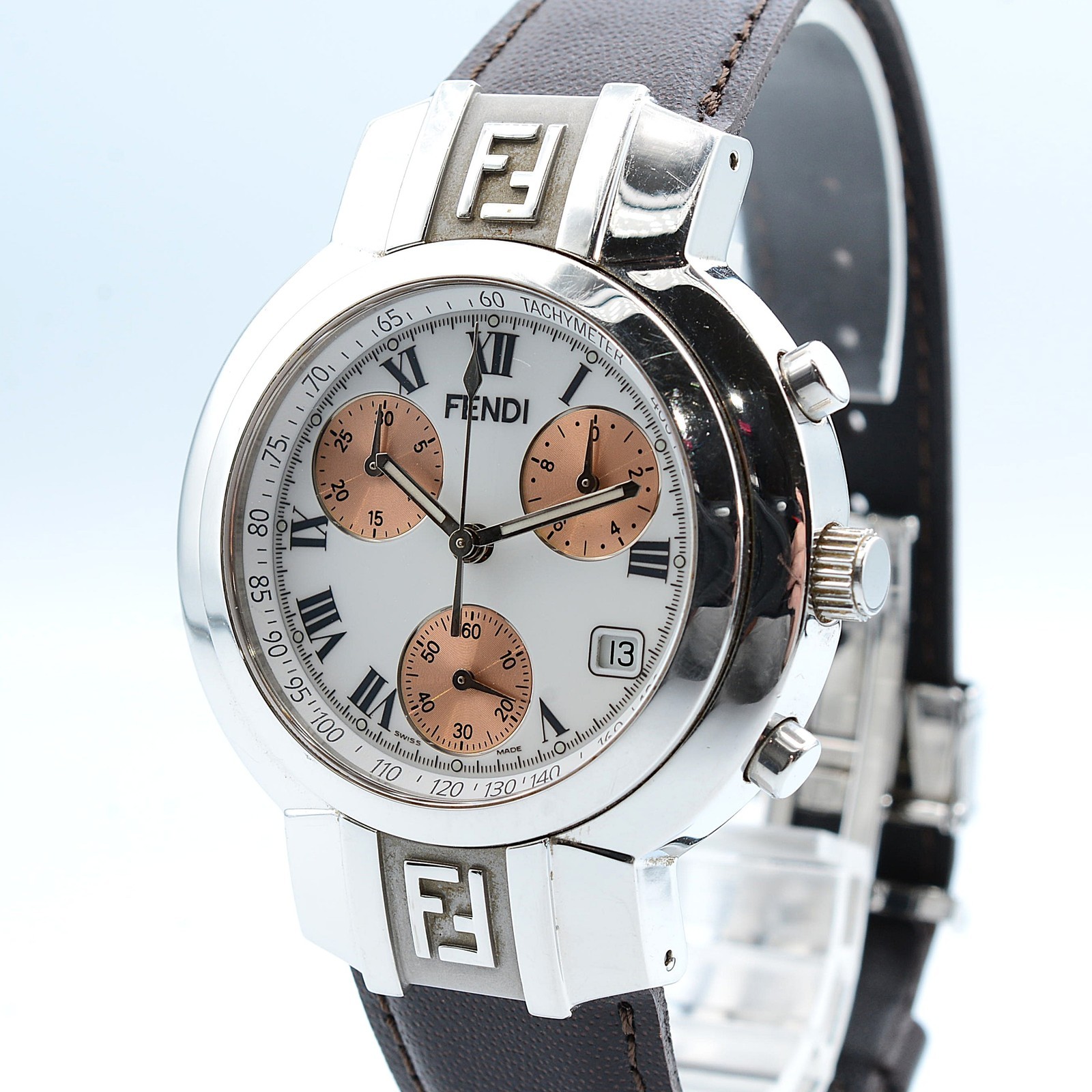 FENDI 4500G Chronograph Quartz Analog Quartz Men’s Watch Silver Leather w-4035
