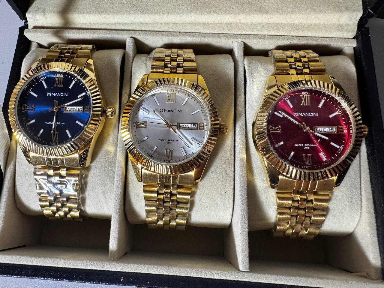 Set of 3 Mancini Men’s Watches – Gold Tone, Fluted Bezel, Day-Date, New with Box