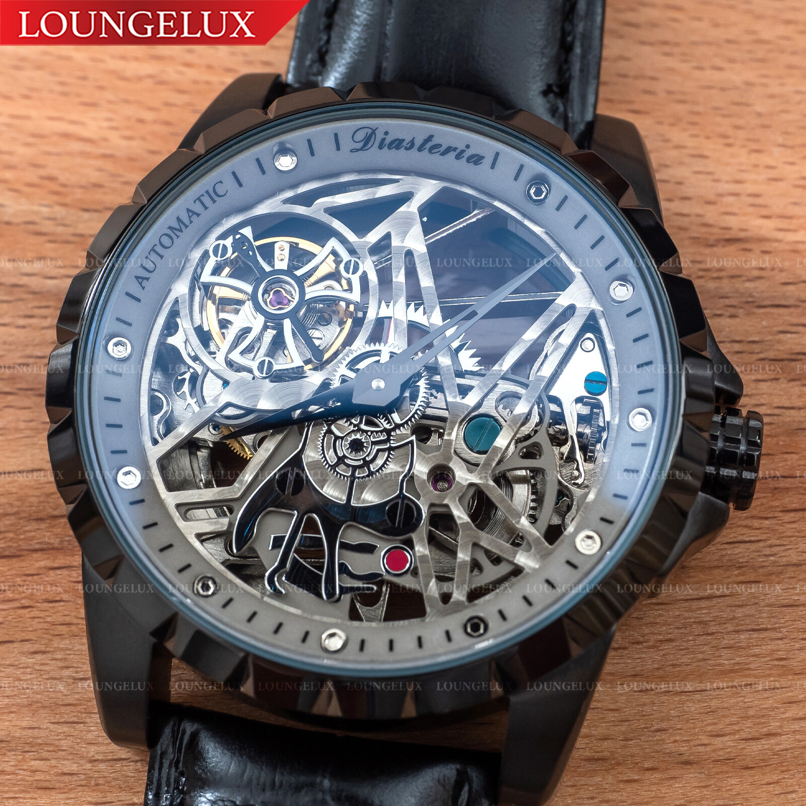 Mens Skeleton Automatic Mechanical Watch – Black Grey Dial Black Leather Strap