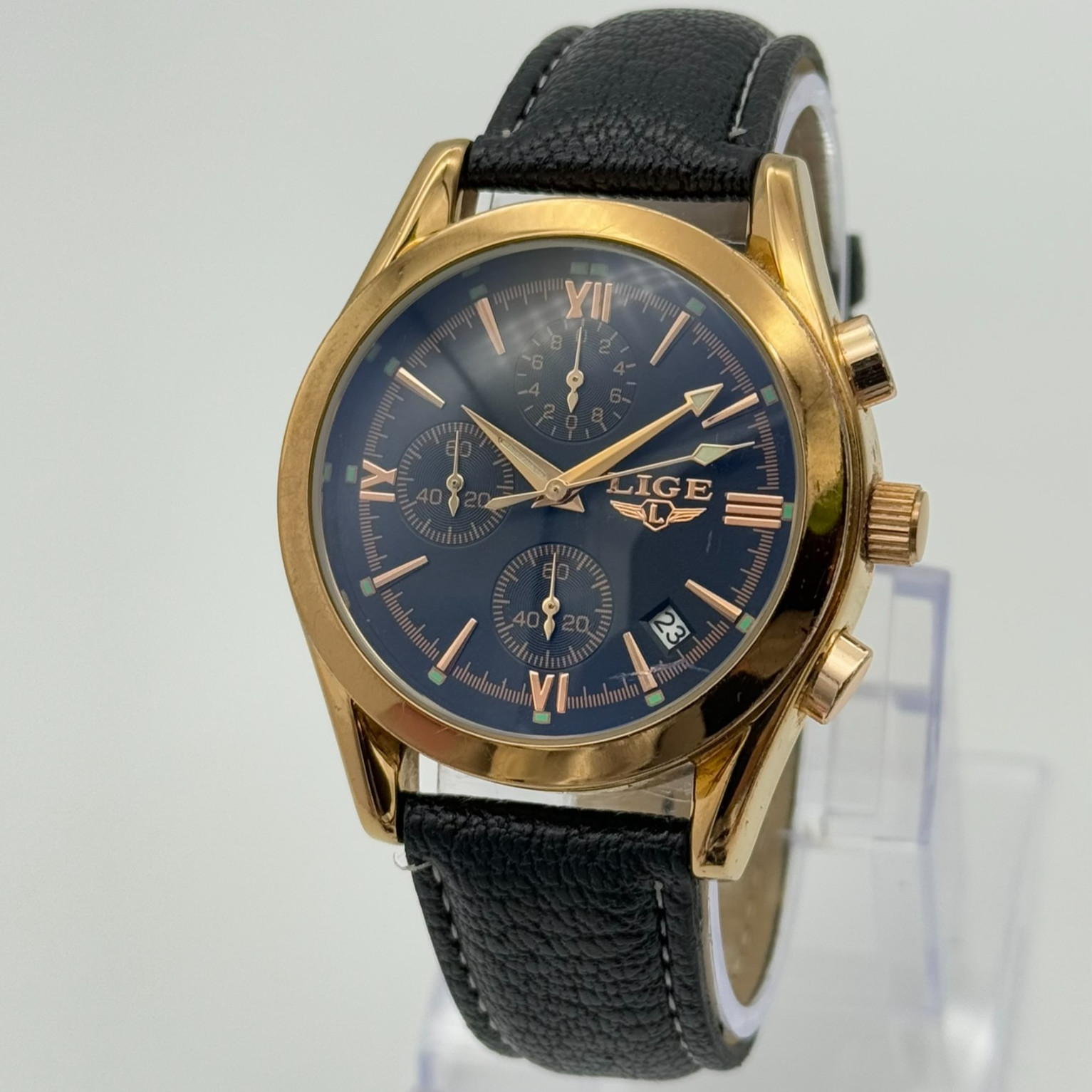 Men’s LIGE Dream Rose Gold Tone Chronograph Date Watch, 41mm, Black Leather