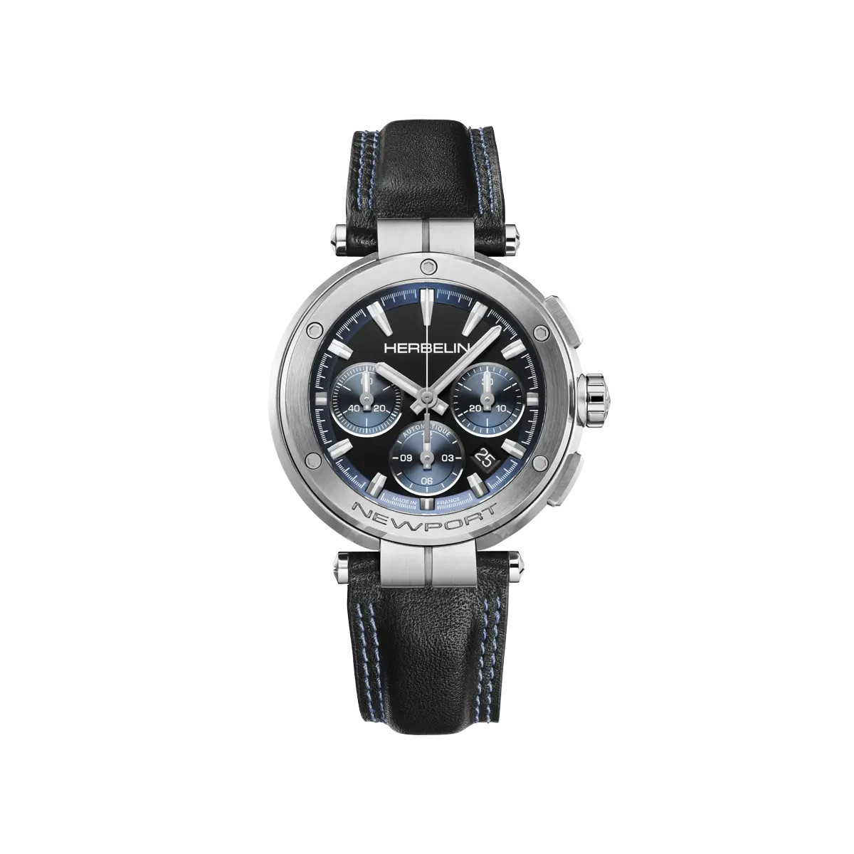Herbelin Newport 268A65 Men’s Black Leather Strap Chronograph Dial Watch 43.5mm