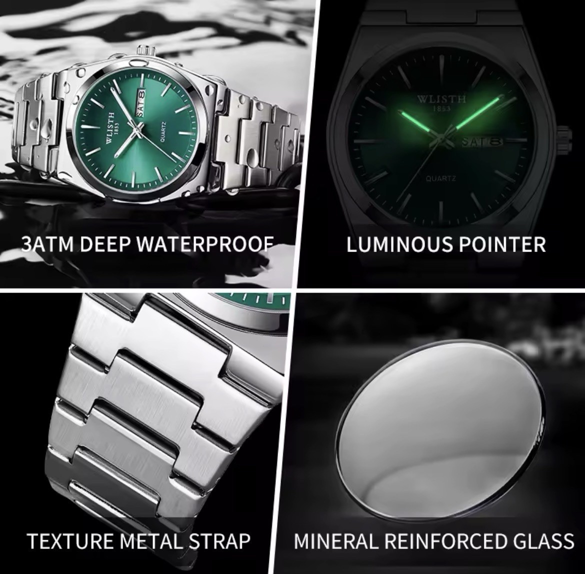 WLISTH Men’s Quartz Wristwatch Green Dial Day/Date Luminous 3ATM Silver Bracelet