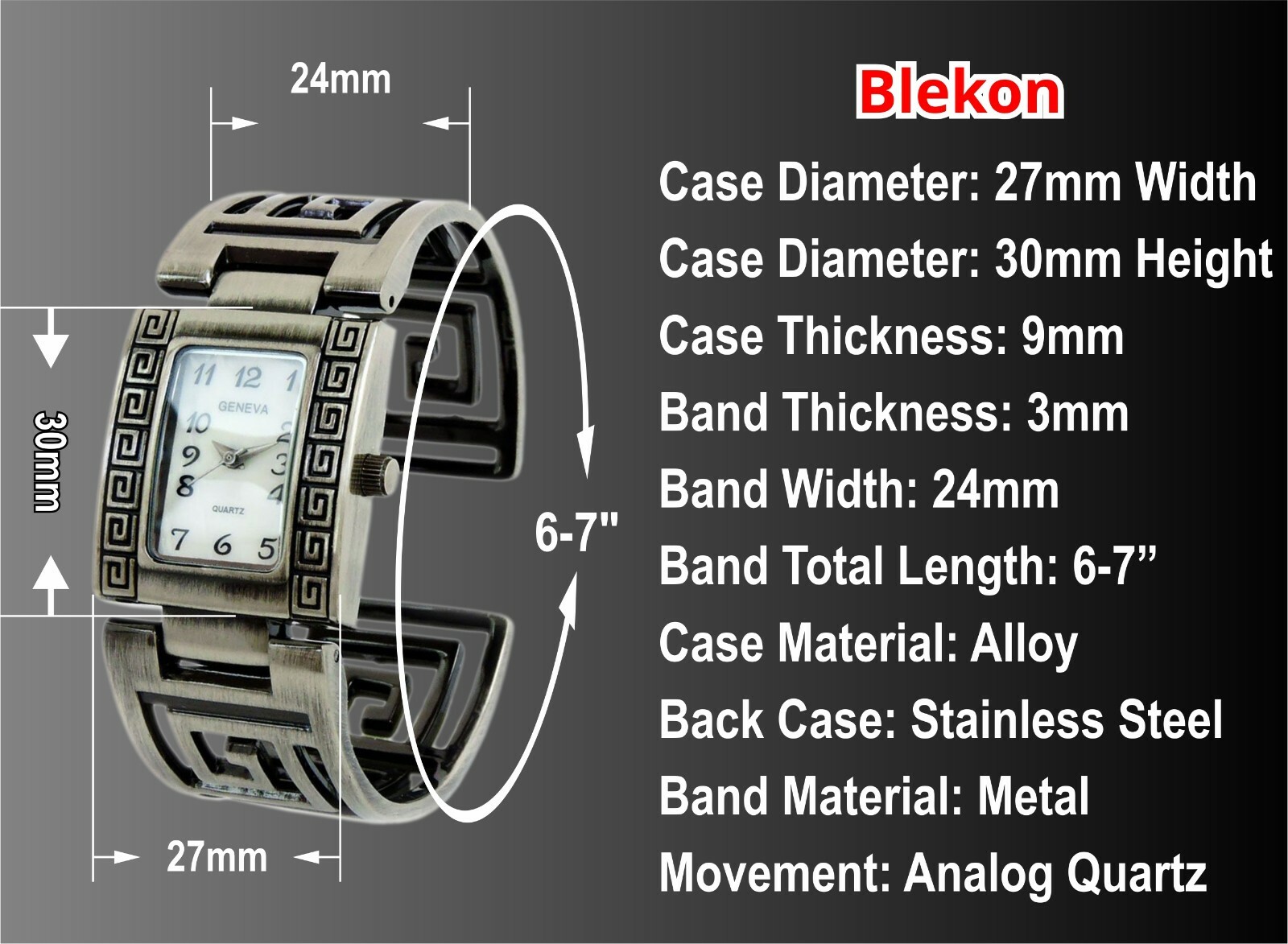 Blekon Collections Brushed Finish Designer Style Fashion Women Bangle Cuff Watch