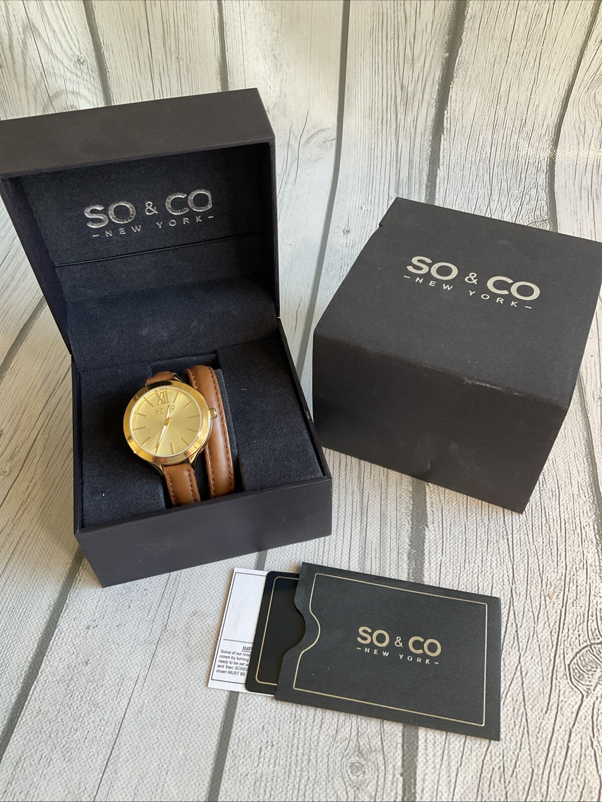 SO & CO New York, Quartz Leather Double Wrap Strap Gold & Brown NEW In Box