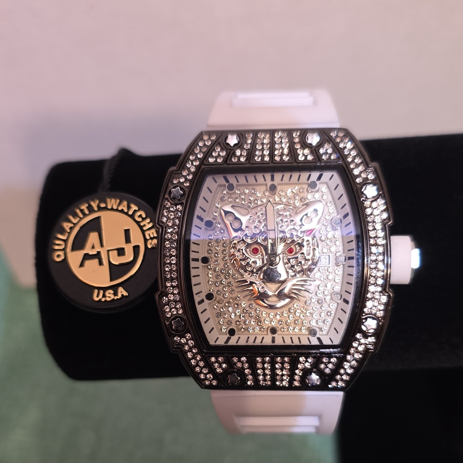 AJ Quartz Analog Leapord Tonneau Black SS Case Silver Pavé Dial White Rubber