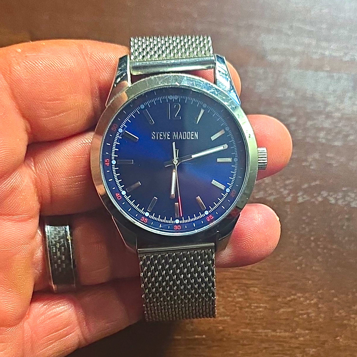 Steve Madden Blue Dial Quartz Watch 44mm Silver Stainless Steel Mesh Band 3 ATM