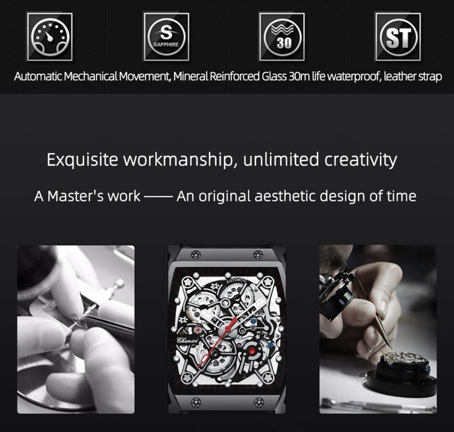 CHENXI Men’s Skeleton Automatic Mechanical Tonneau Shaped Watch Waterproof Gift