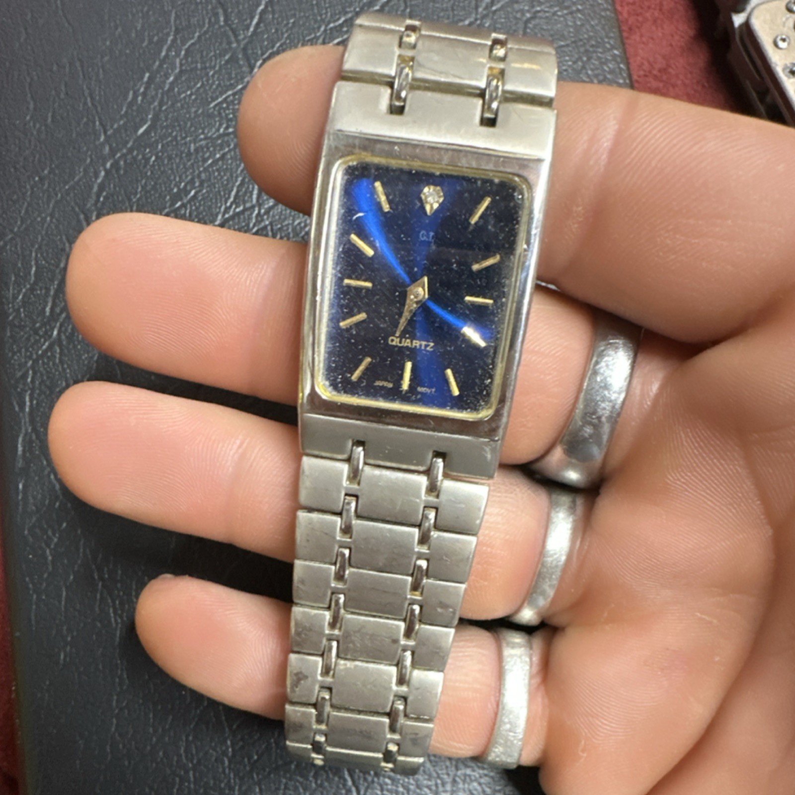 Q.T. Quartz Rectangle Blue Dial Analog Stick Indexes Silver EPSON JAPAN