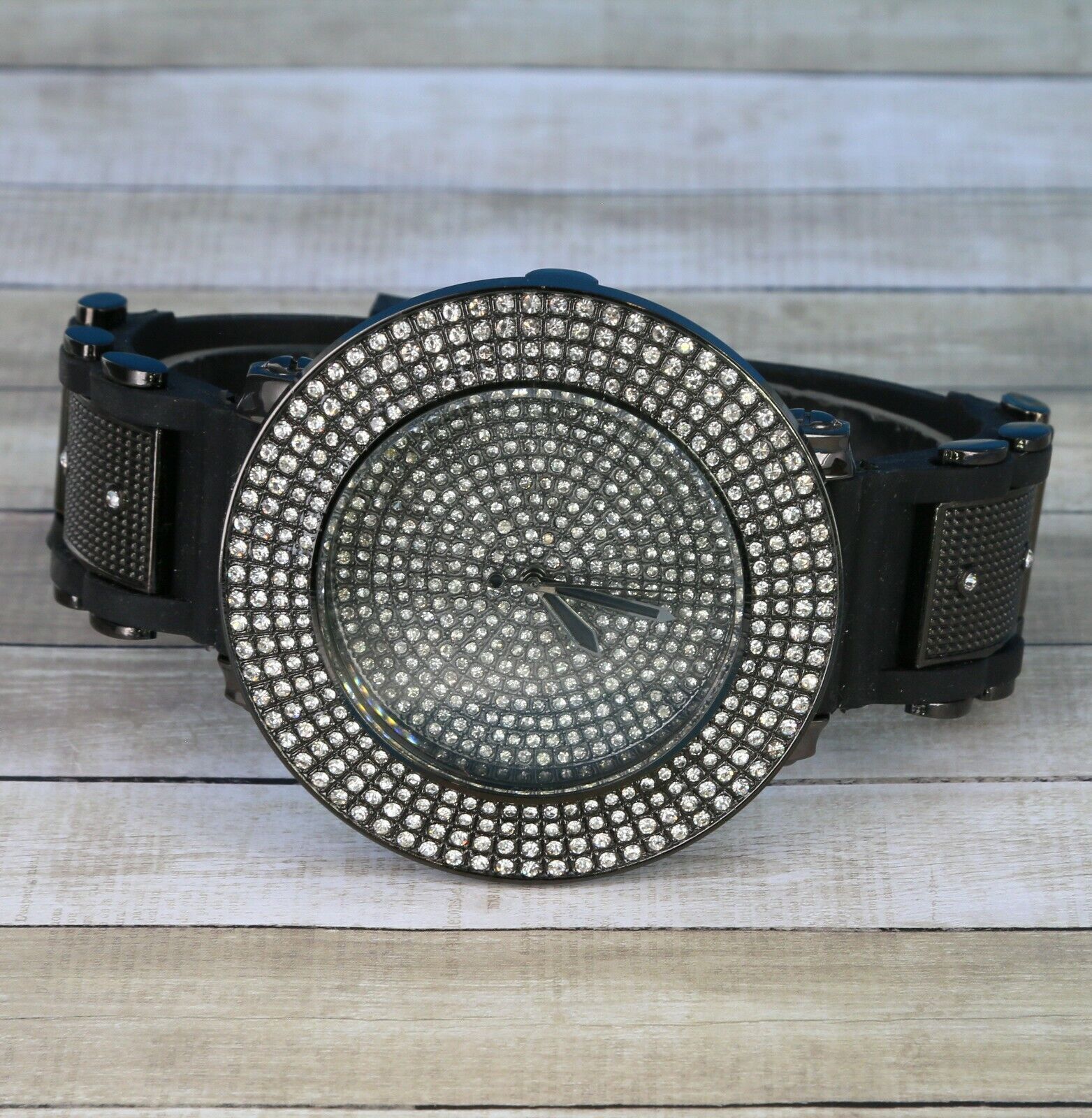 Men’s Gunmetal CZ Ice Crystals Dress Sport Black Silicone Band