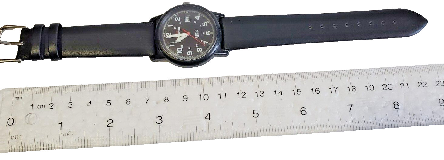 TIMEX Expedition 24 hours Indiglo black military dial qtz watch w/ date @3. Runs