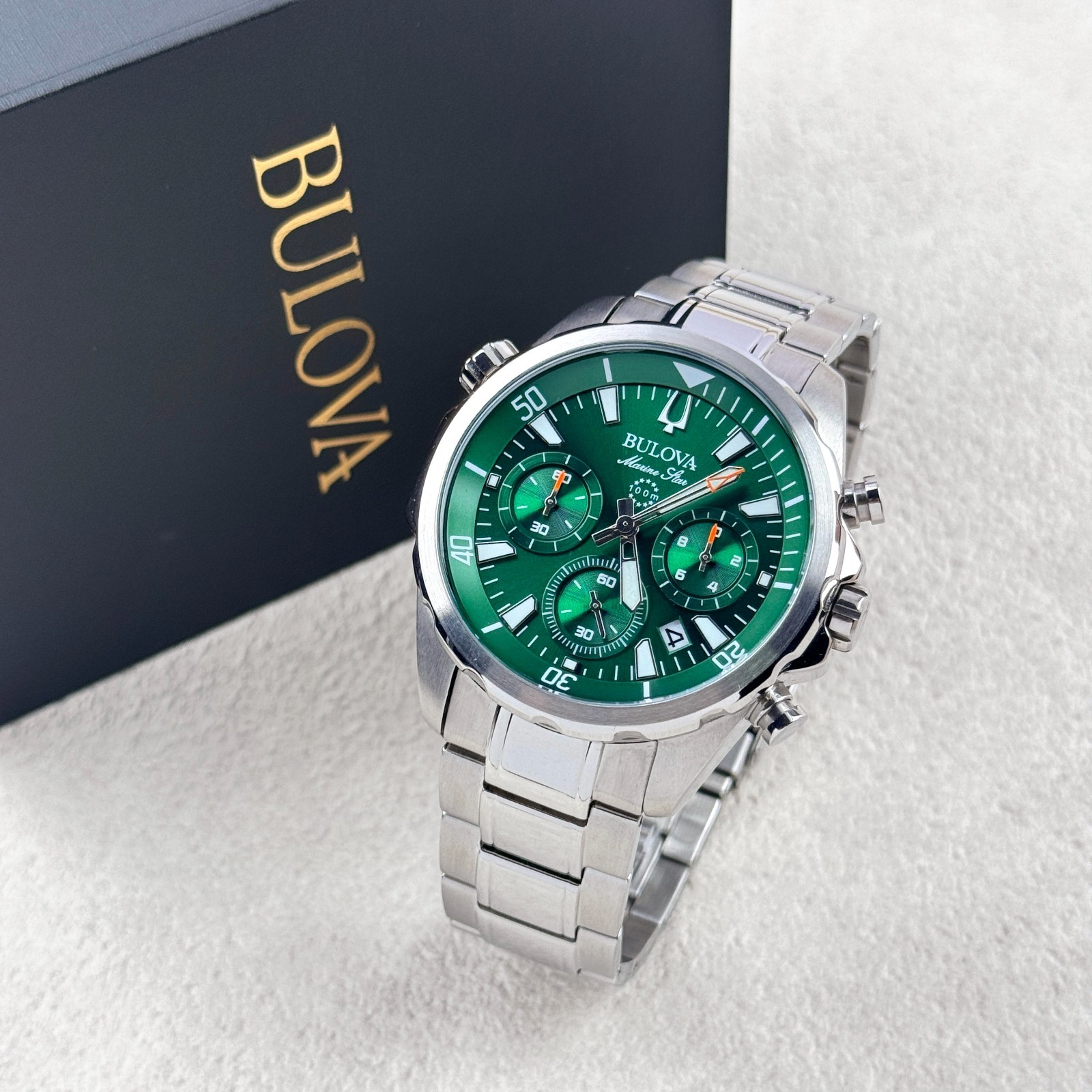 Bulova Men’s Marine Star 96B396 Green Dial Stainless Steel Chronograph Watch
