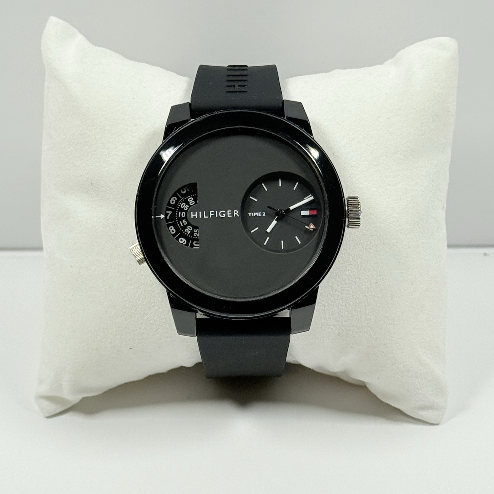 Tommy Hilfiger Denim Silicone Strap Black Dial Dual Time Men’s Watch 1791555