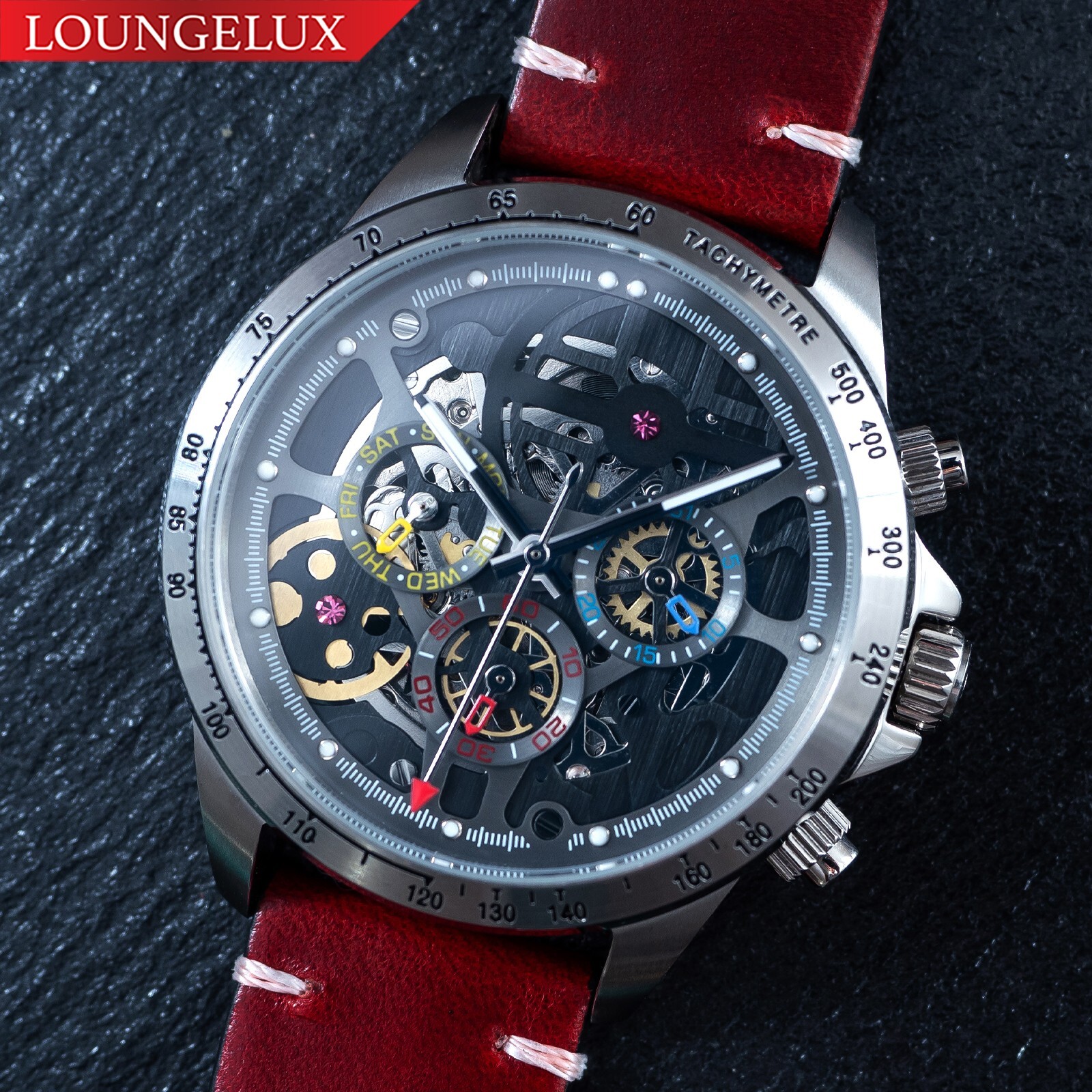 Mens Automatic Mechanical Watch Calendar Silver Dark Red Oil Waxed Leather Gift