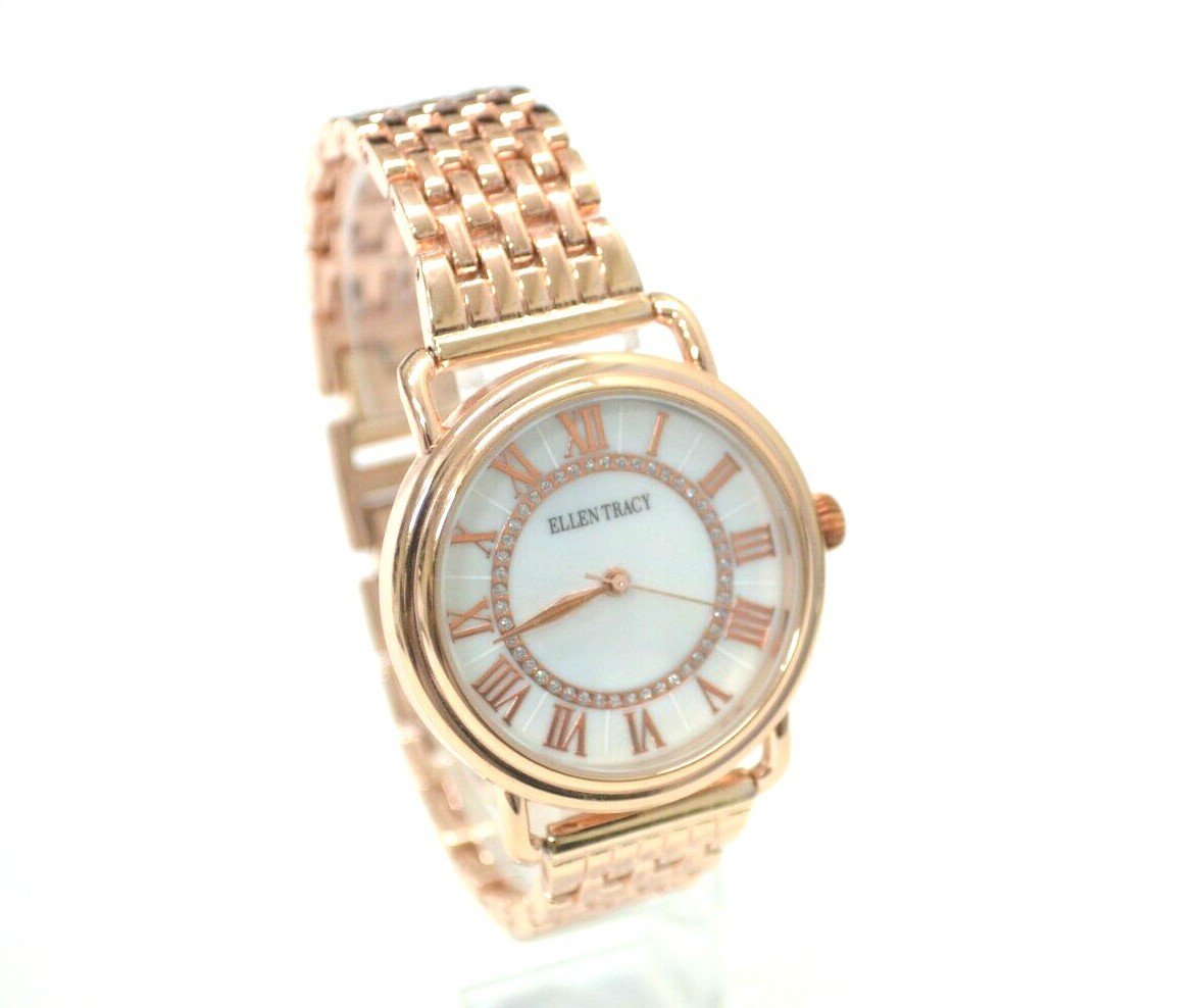 Ellen Tracy Watch Rose Gold Tone Crystal Accent Jewelry Clasp Mother Pearl Dial