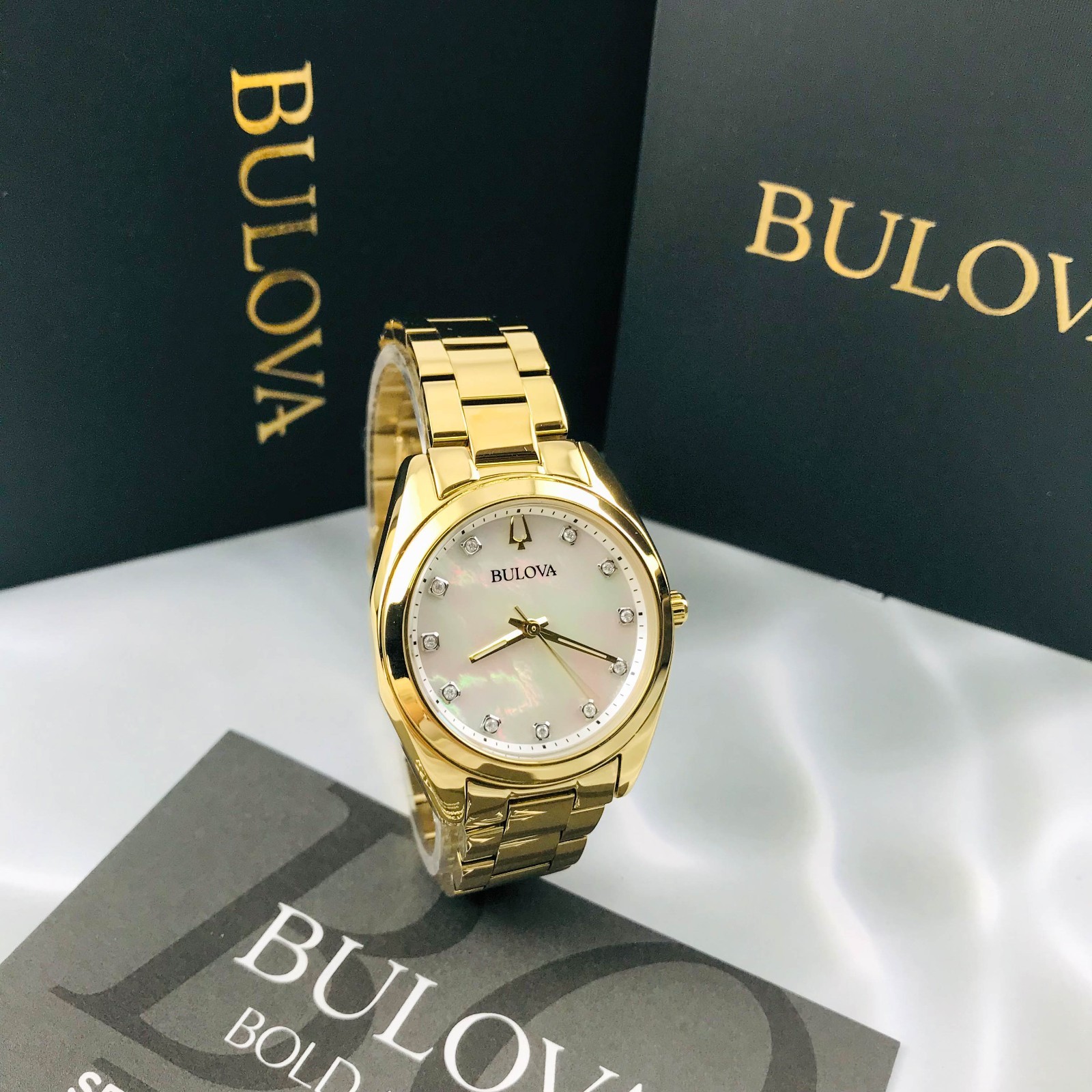 Bulova Women’s Surveyor 97P172 Mother-of-Pearl Diamond Dial Gold-Tone Watch 31mm