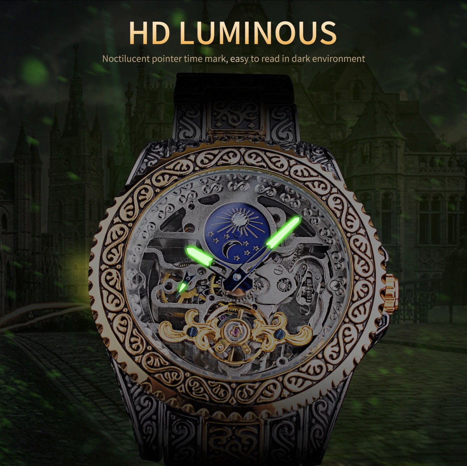 Forsining Skeleton Carved Tourbillon Mechanical Moon Dial Mens Watch waterproof