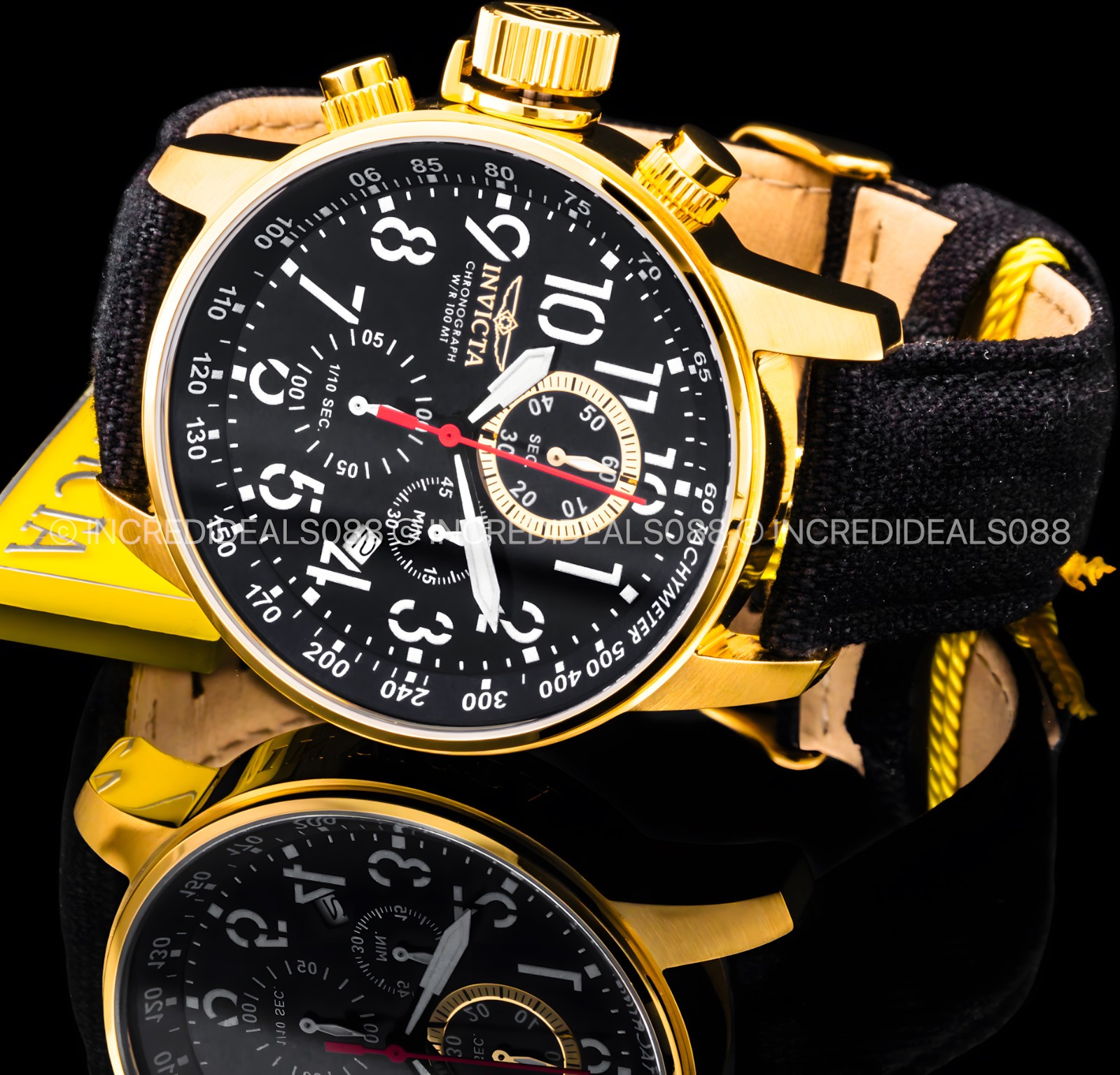 Invicta Men I FORCE LEFTY Chronograph GOLD BLACK Dial Nylon Strap 46mm Watch