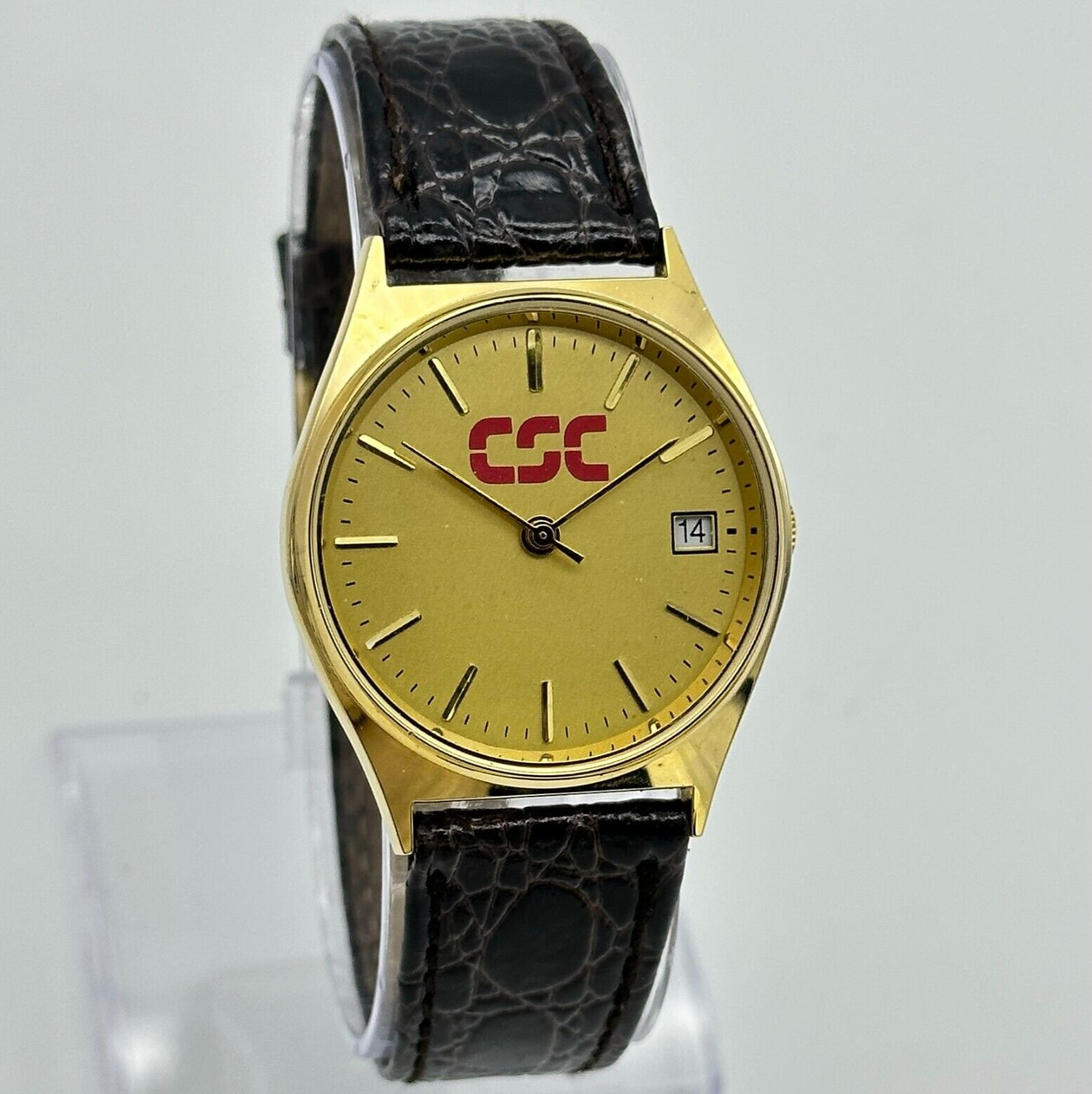 Unisex CSC Logo Gold Tone Advertising Watch, Brown Leather Band, Date, 33mm Runs