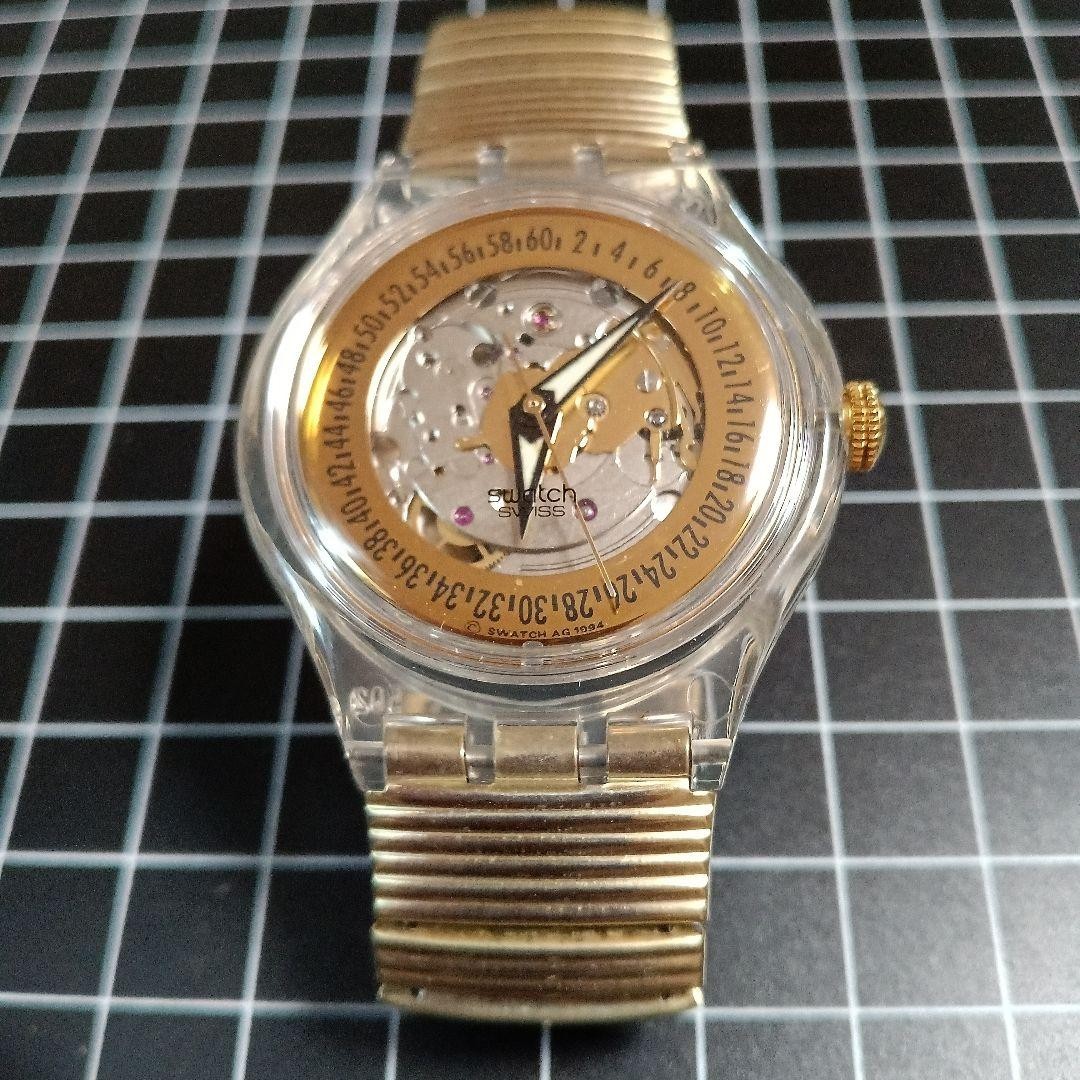 Swatch Automatic Watch Clear Gold Skeleton Dial Metal Band Vintage Rare