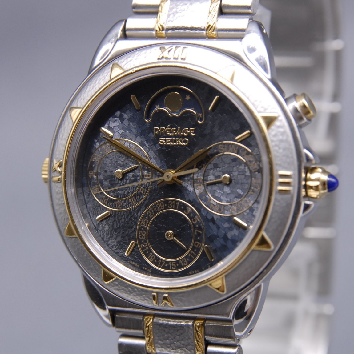 1992 [N MINT] Vintage SEIKO Presage 7F39-6070 34mm Moon Phase Black QZ Men Watch