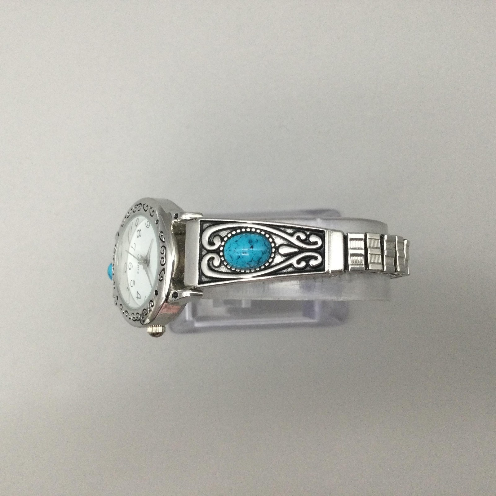 Scroll Womens Watch 25mm Silver Tone Blue Cab Stretch Band New Battery a2