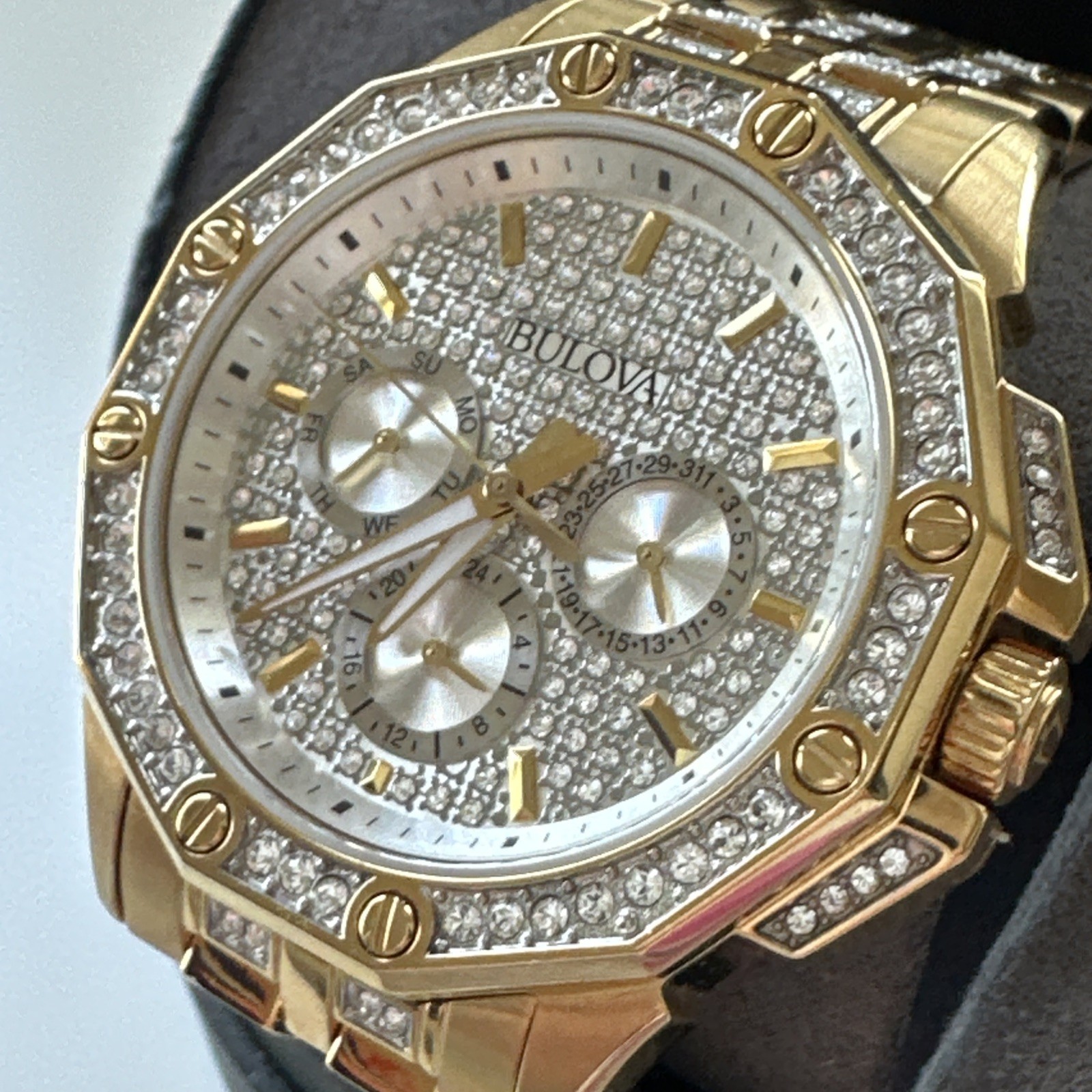 Bulova Men’s Quartz Swarovski Crystal Accents Gold-Tone Band 41mm Watch 98C126