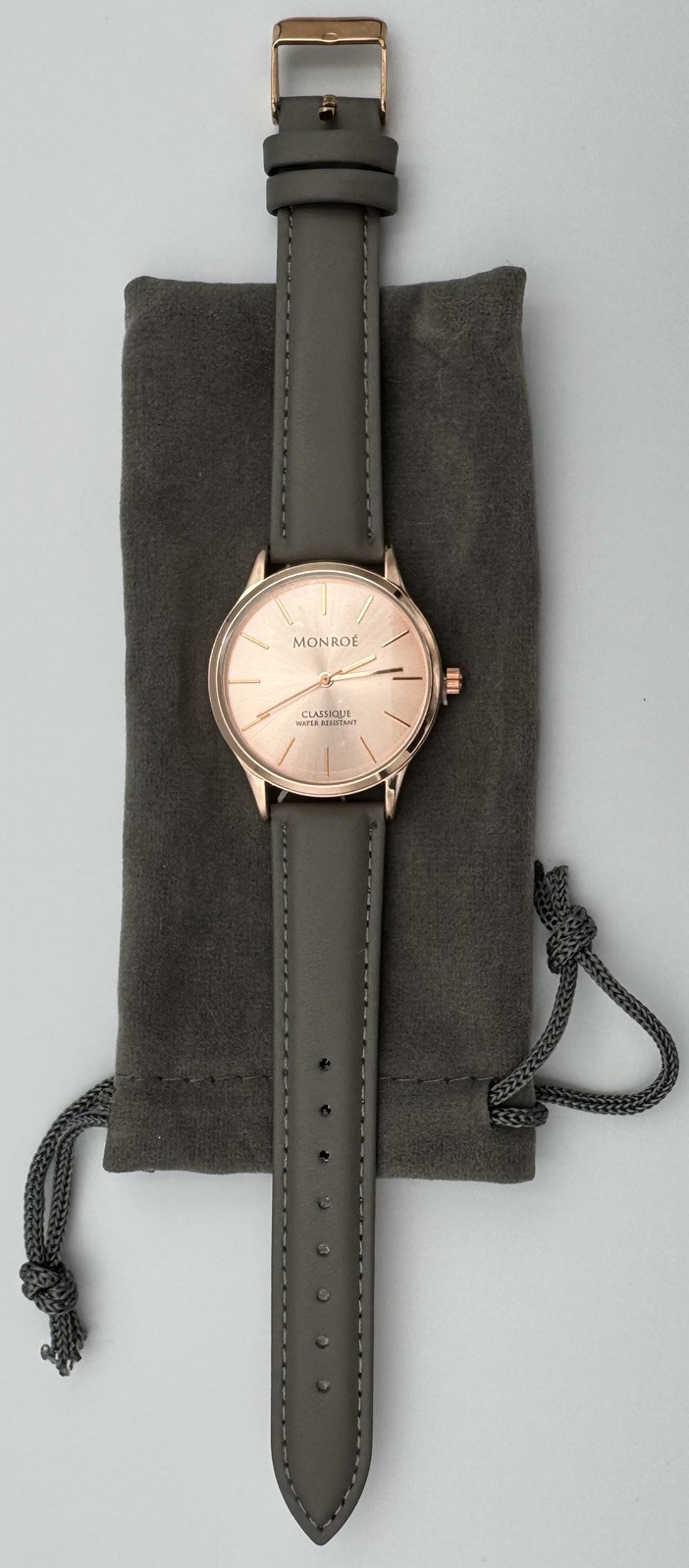 Monroe by Maestro Classique Rose Gold Gray Leather Quartz Watch w/ Pouch