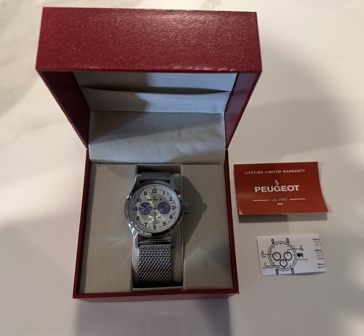 Peugeot Quartz Analog Watch Silver Mesh Band White Dial Date Day Month 24Hr