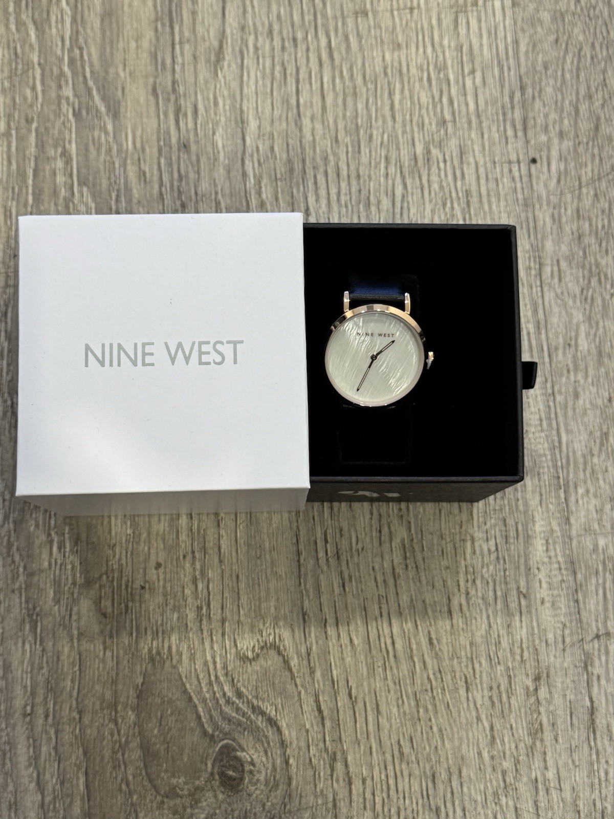 Nine West Wrist Watch: Black Band, Rose Gold Bezel White Face Automatic W/Box