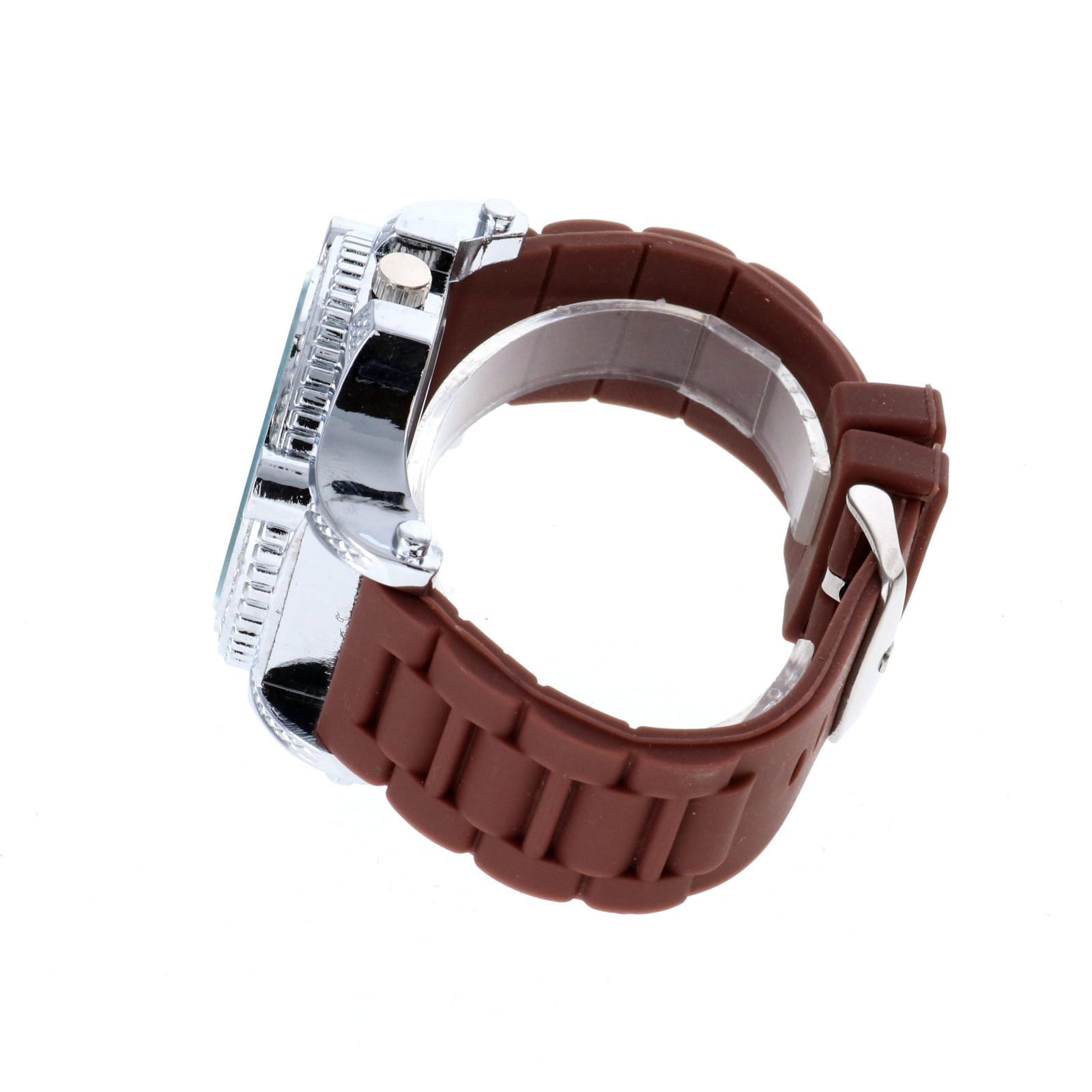 Heavy Men’s Iced Luxury Bezel Hip Hop Silver Tone Bezel Brown Silicone Band 54mm