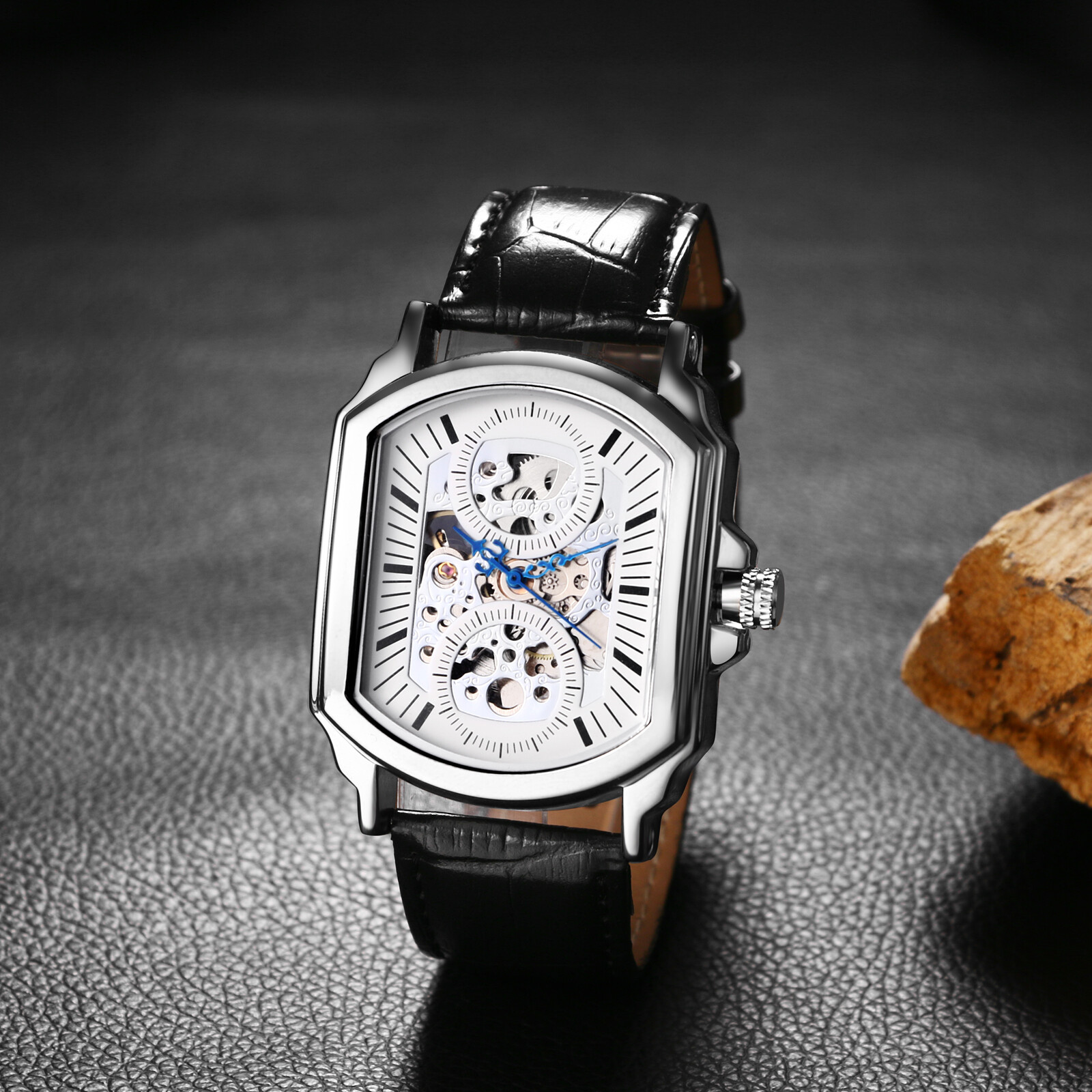 Business Men Square Hollow Automatic Mechanical Genuine Leather Band Wrist Watch