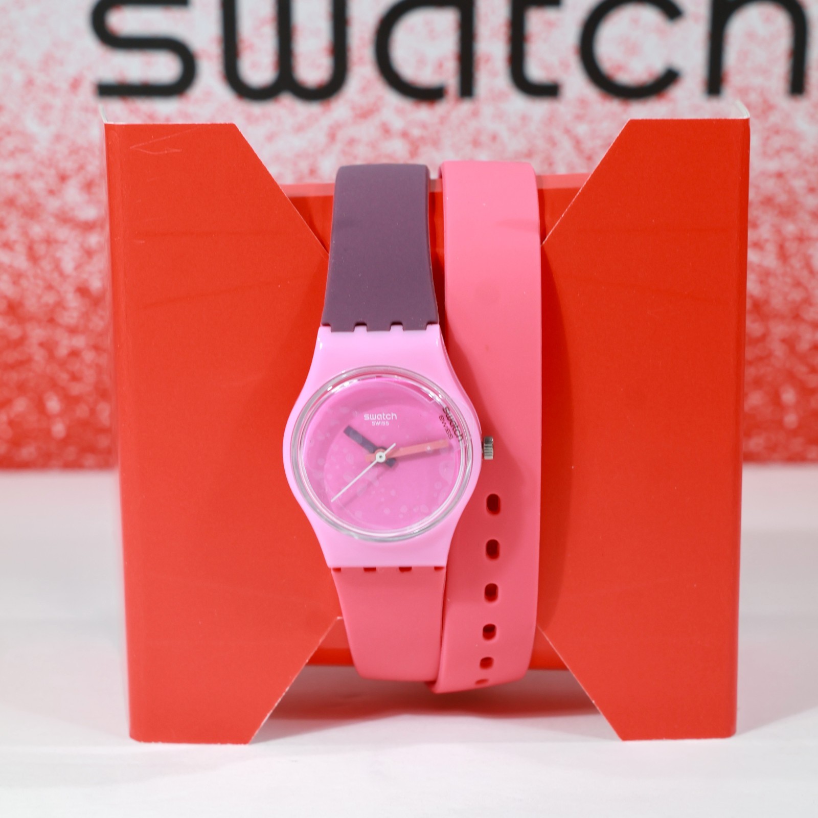 Swatch Swiss LP137 Fun in Pink Coral Wrap Around 25MM New Purple Coral Hands