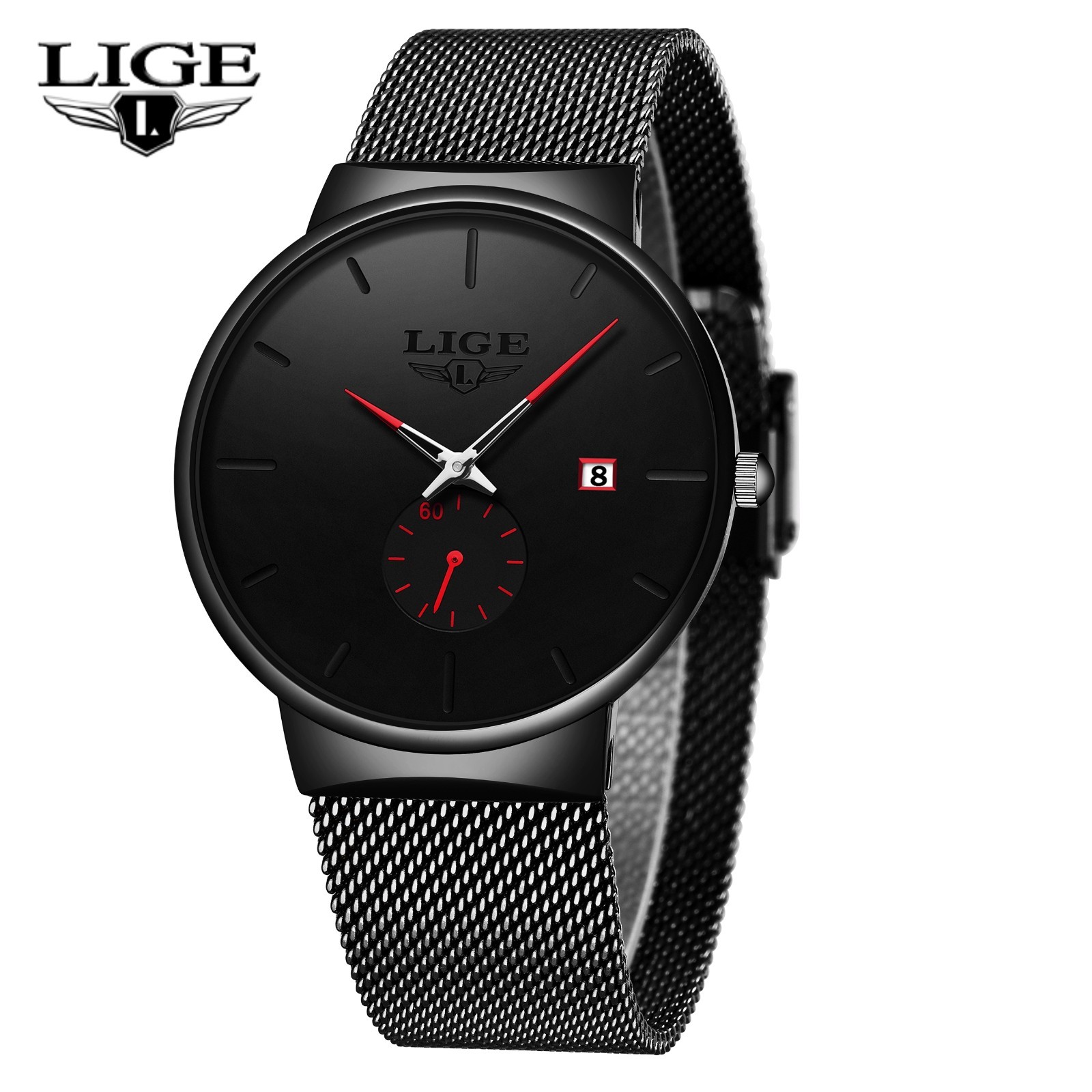 LIGE Men Watch Quartz Analog Date Round Dial Business Mesh Strap Male Wristwatch