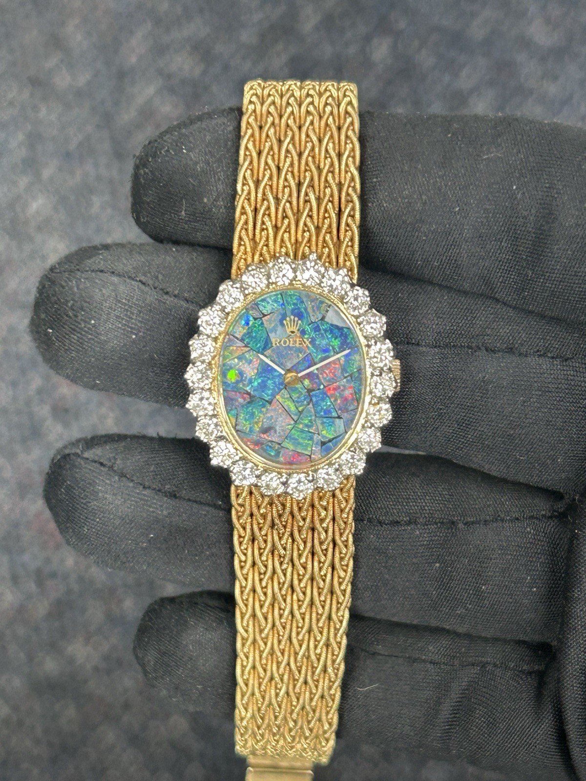 Rare Vintage Rolex 14k Yellow Gold Mosaic Opal Dial Diamond Bezel Ladies Watch