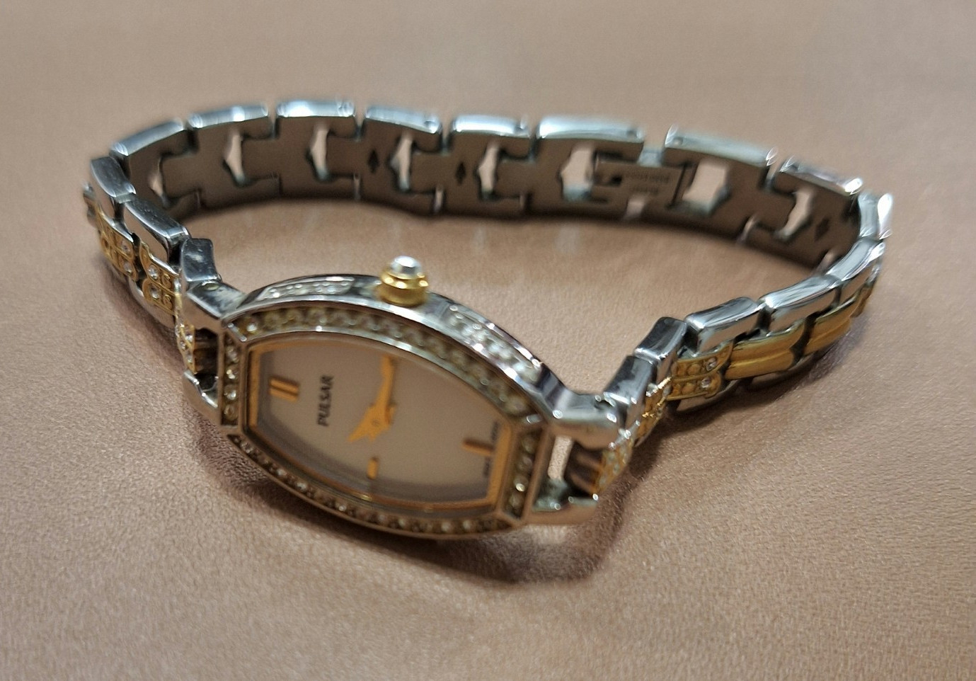 Pulsar Women’s Quartz Oval Two-Tone Gem-Set Bezel White Dial Bracelet