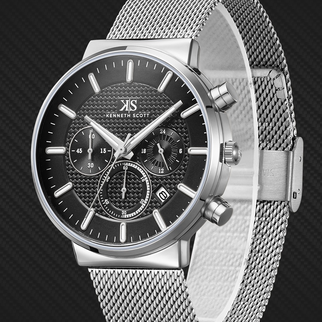 Kenneth Scott Men’s Multi-Function Casual Watch | Black Dial, Silver Mesh Strap