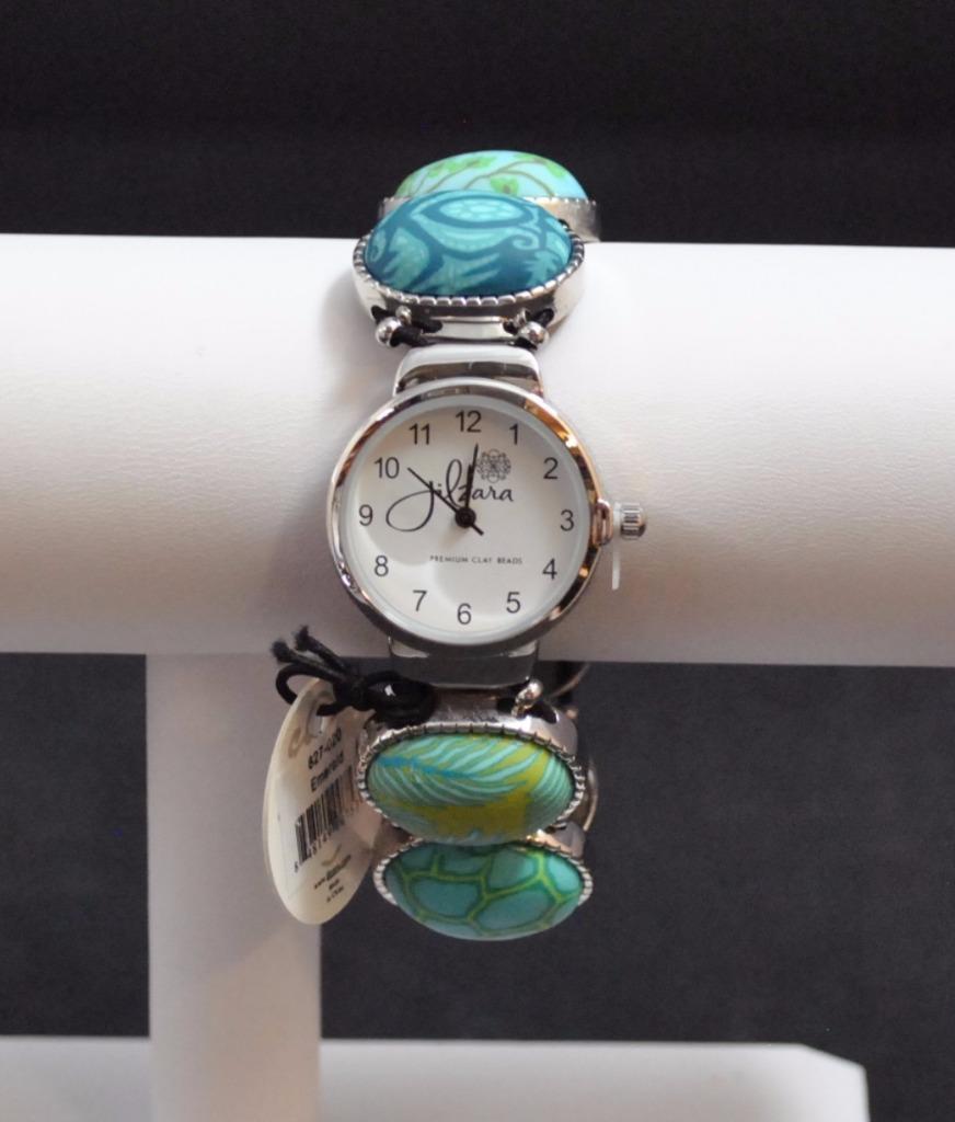 Jilzarah Emerald Oval Watch Bracelet Polymer Clay Beads Handcrafted Artisan