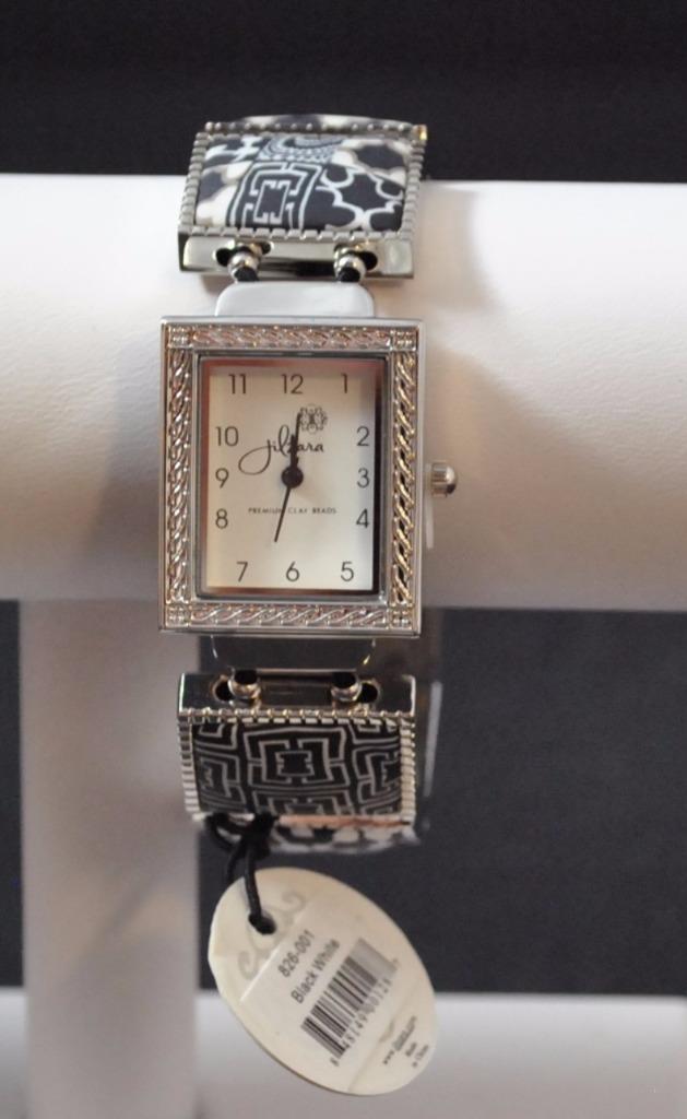 Jilzarah Black White Square Watch Polymer Clay Inlays Stretch Band Artisan