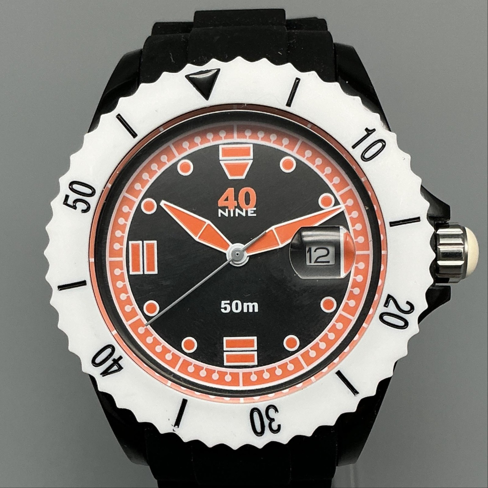 40nine Mens Watch 43mm Black Orange Dial White Bezel Date Silicone New Battery