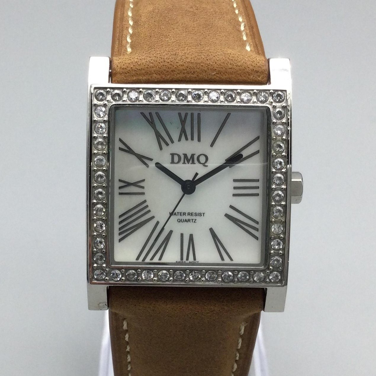 DMQ Square Watch Womens 28mm Silver Tone Crystals Tan Leather Strap New Battery