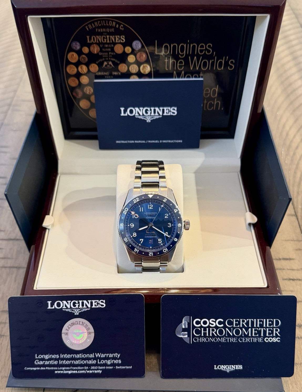 Longines Spirit Zulu Time L3.812.4.93.6 GMT Blue 42mm, PRISTINE! Box & Papers!