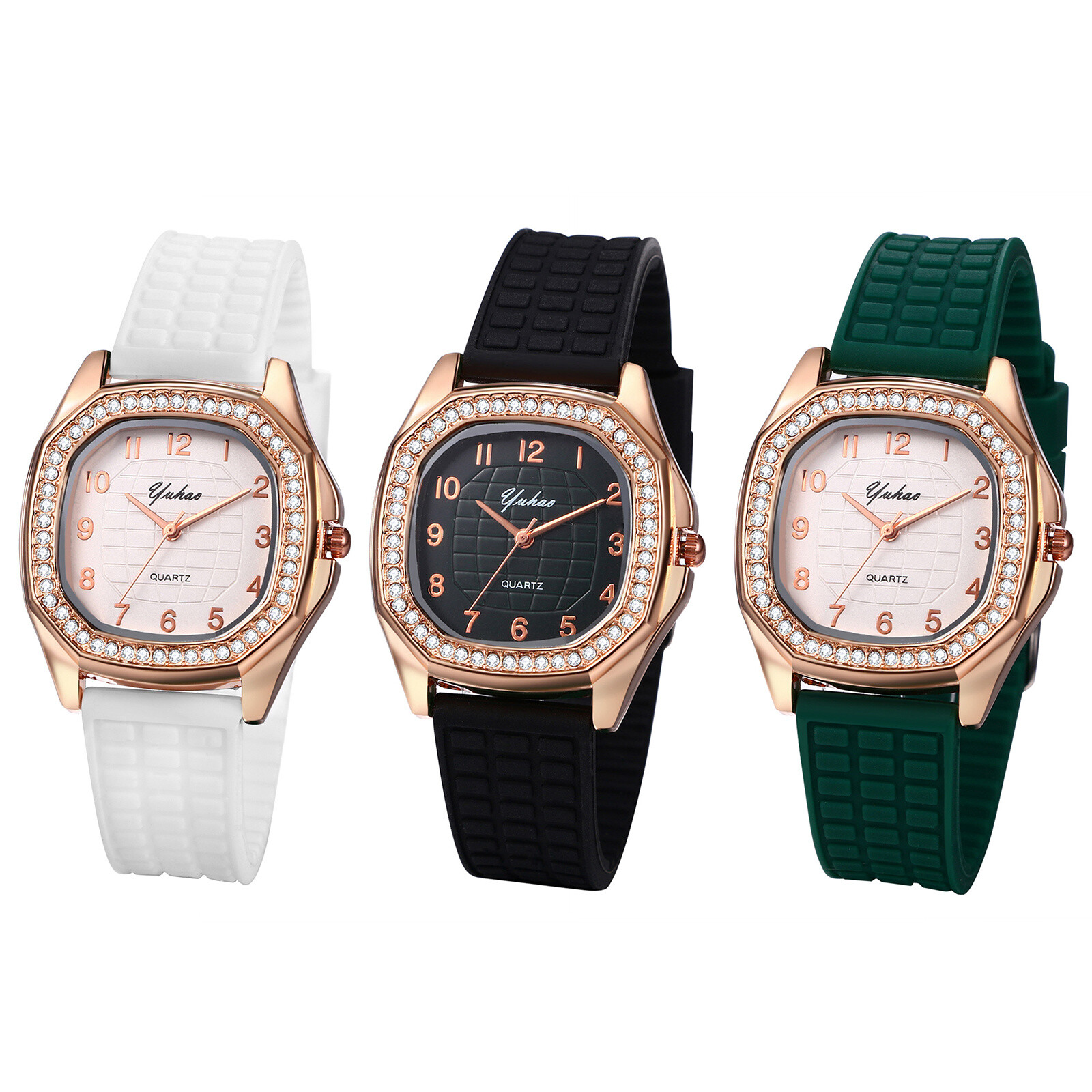 Women Girls Rhinestone Square Dial Jelly Silicone Band Quartz Analog Wrist Watch