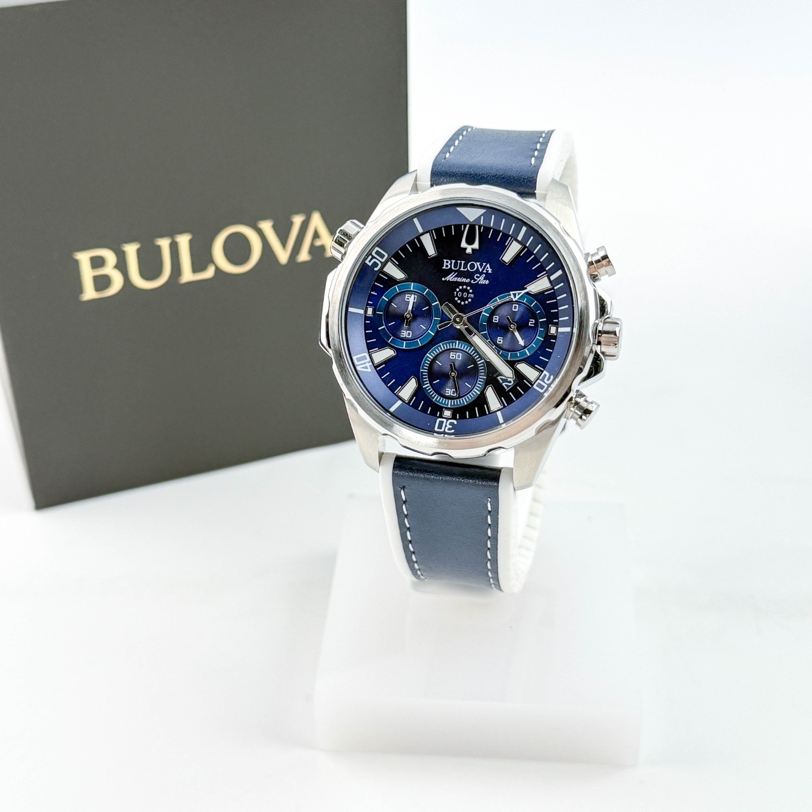 Bulova Marine Star 96B287 Blue Chronograph Dial Rubber Strap Men’s Watch 43MM
