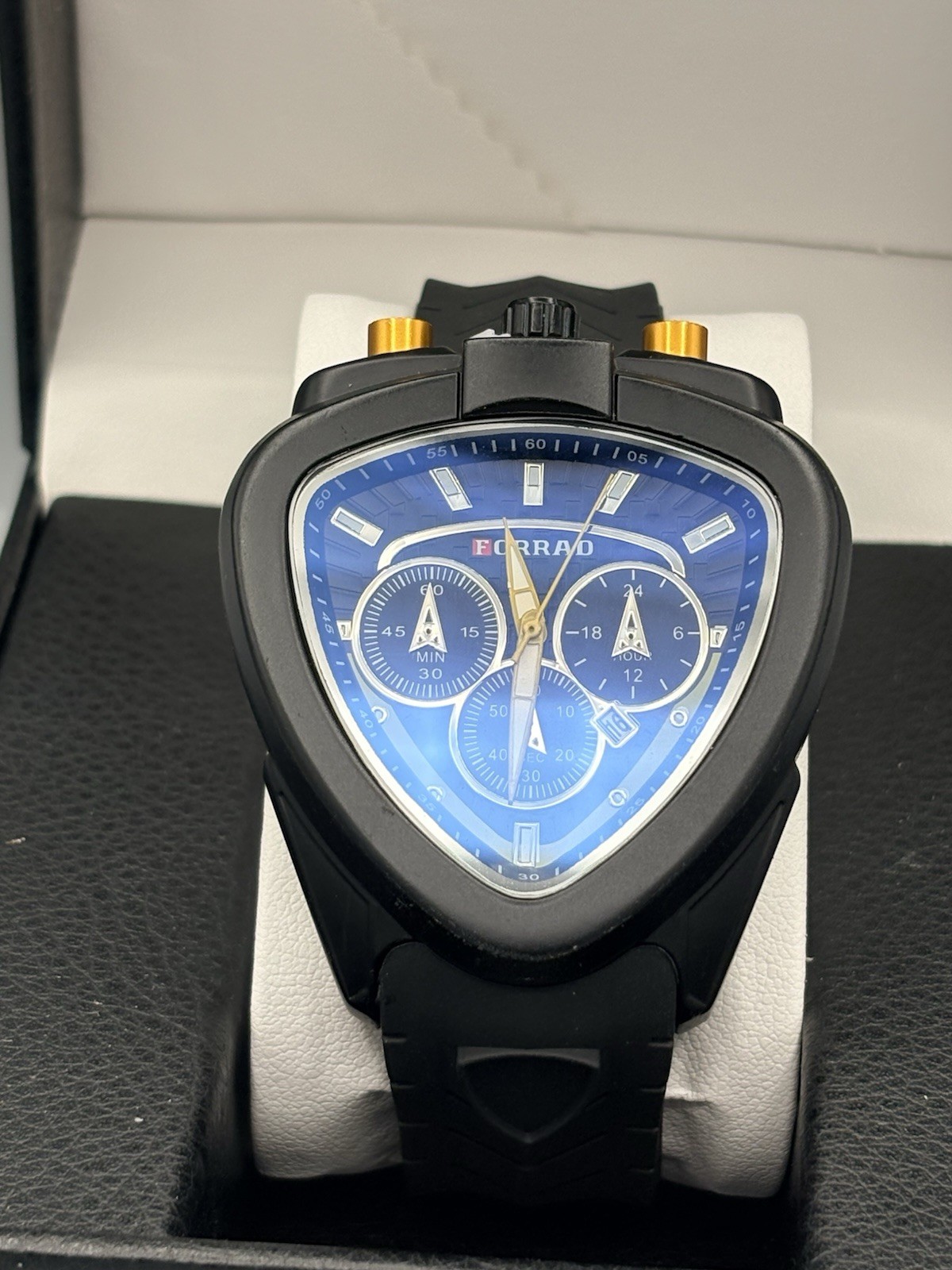 FORRAD Men’s Triangle Shield Watch Blue Dial Black Silicone Strap New In Box