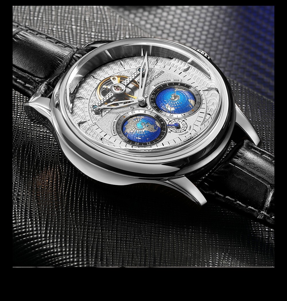SEAKOSS Men’s Automatic Watch World Time Blue Dial Rose Gold Leather Strap