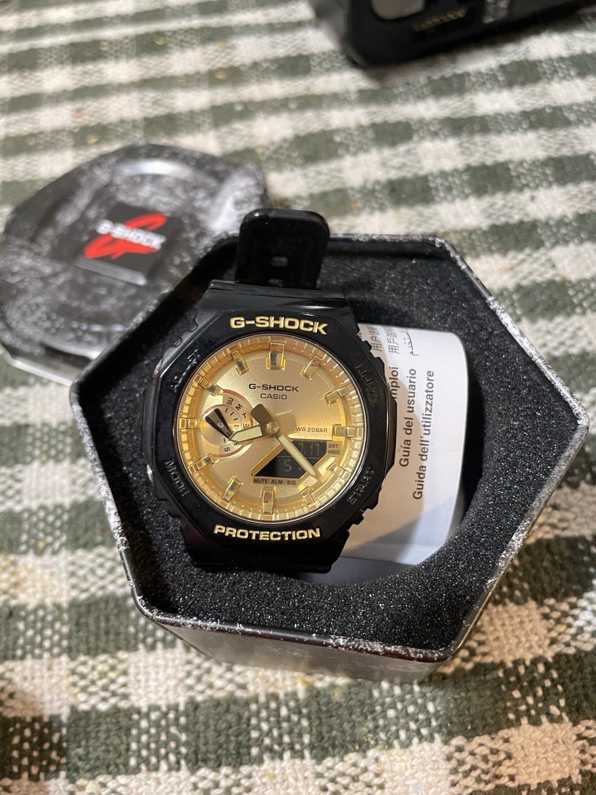 Casio G-SHOCK GA2100GB-1A Black Resin Gold Dial Quartz 200m w/ Tin Manual