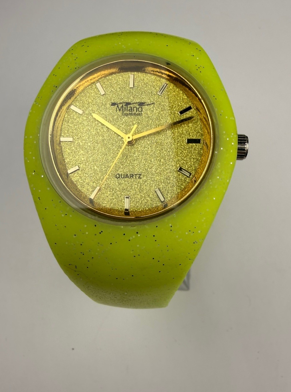 Unique Colorful Funky Watch Gold Glitter Dial Neon Green Sparkle Silicone Band