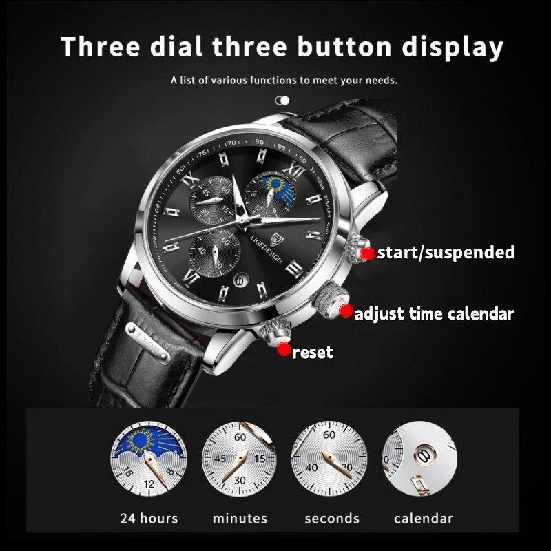 Men Watch Quartz Luminous Date Leather Band Casual Wristwatch 3ATM Waterproof US