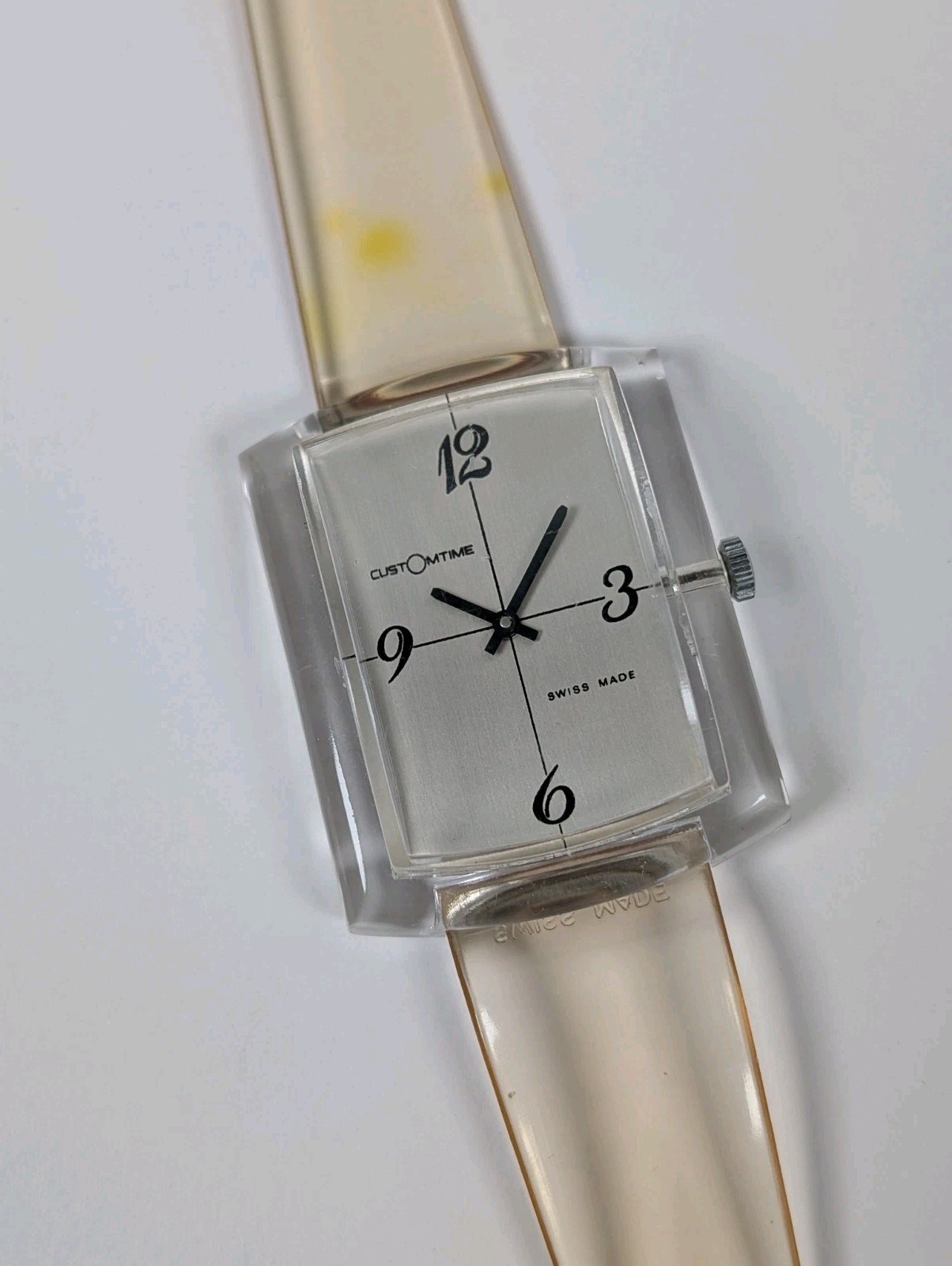 Vtg CustomTime Swiss Manual Wind Watch Lucite Acrylic Clear Case RUNNING 34.5mm